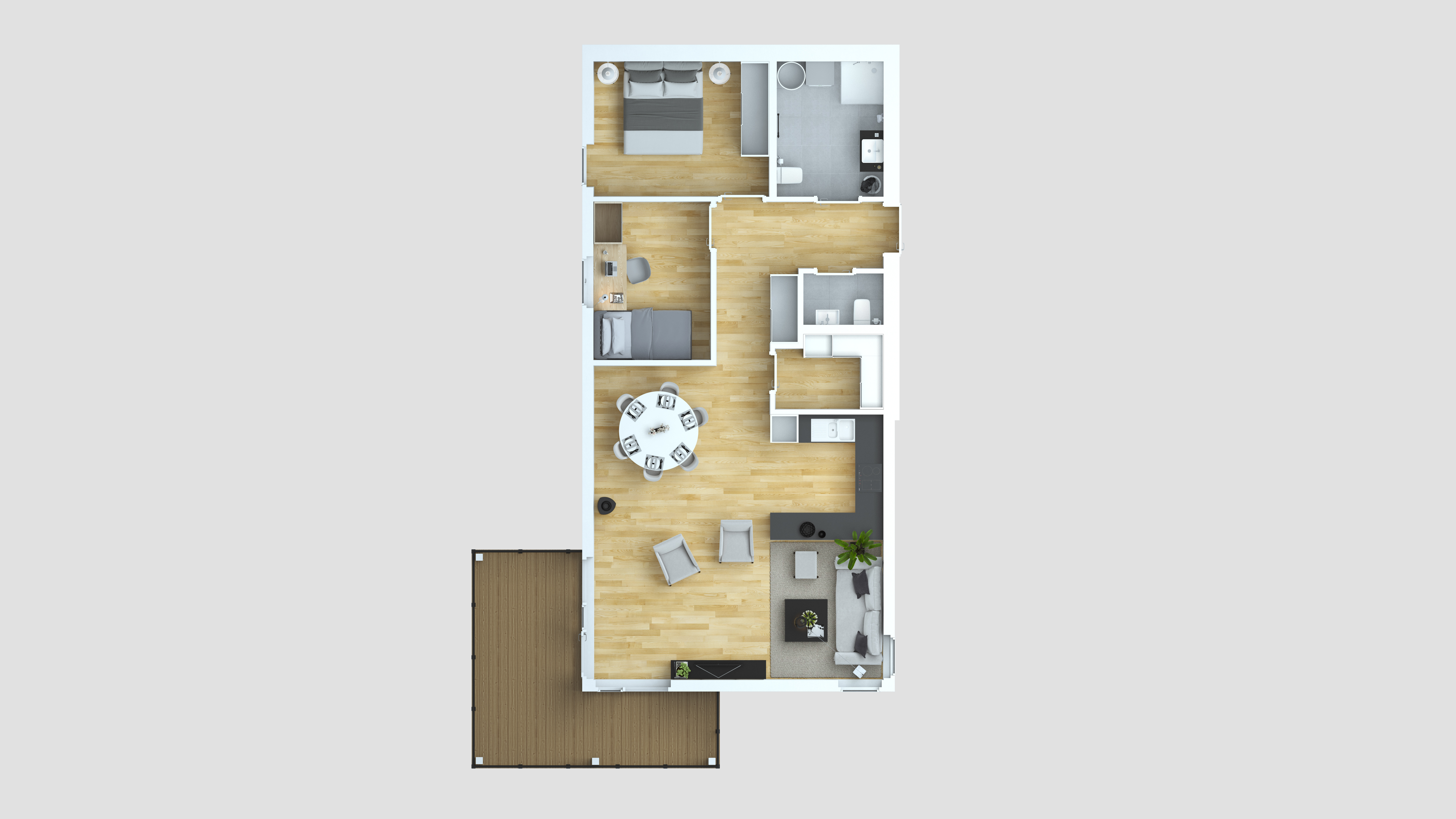 En planløsning av en to-roms leilighet designet for å visualisere salgsformål av selskapet Opthimal i 2016.