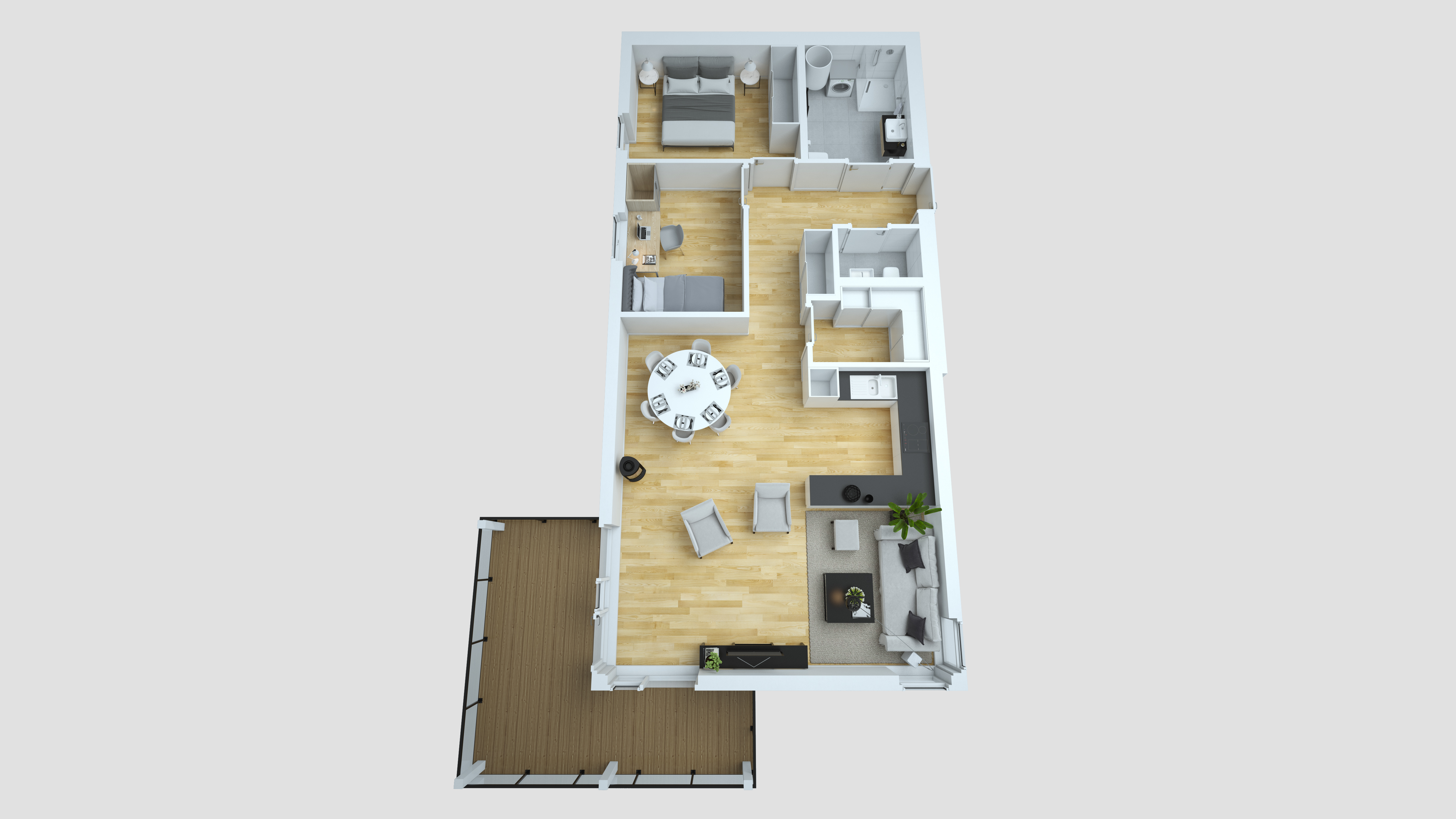 En visuell planløsning av en toroms leilighet designet for optimalt salg, laget i 2016 for kunden Opthimal.
