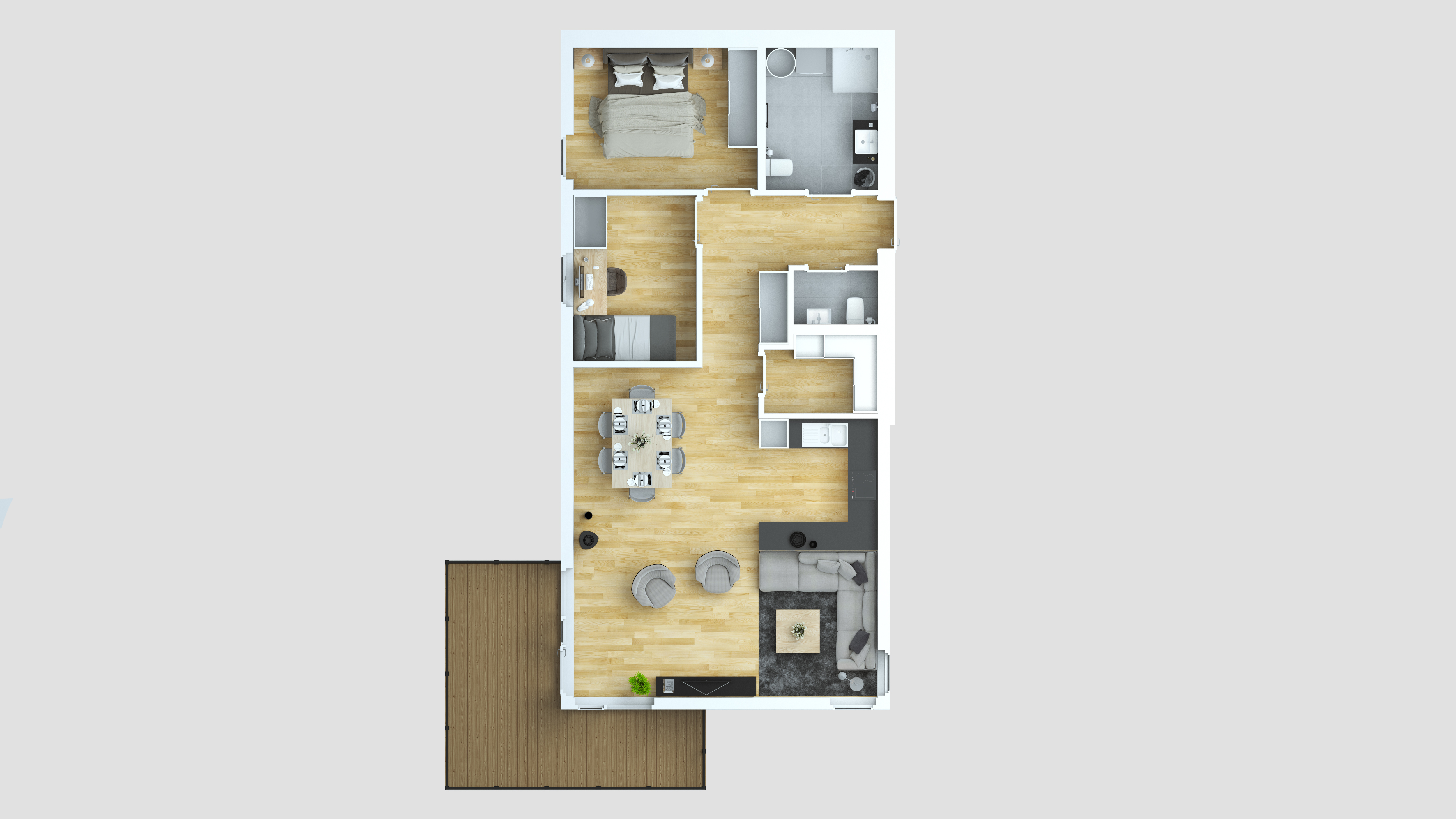 En planløsning fra 2016 av en leilighet med to soverom laget for Opthimals salgsvisualiseringer.