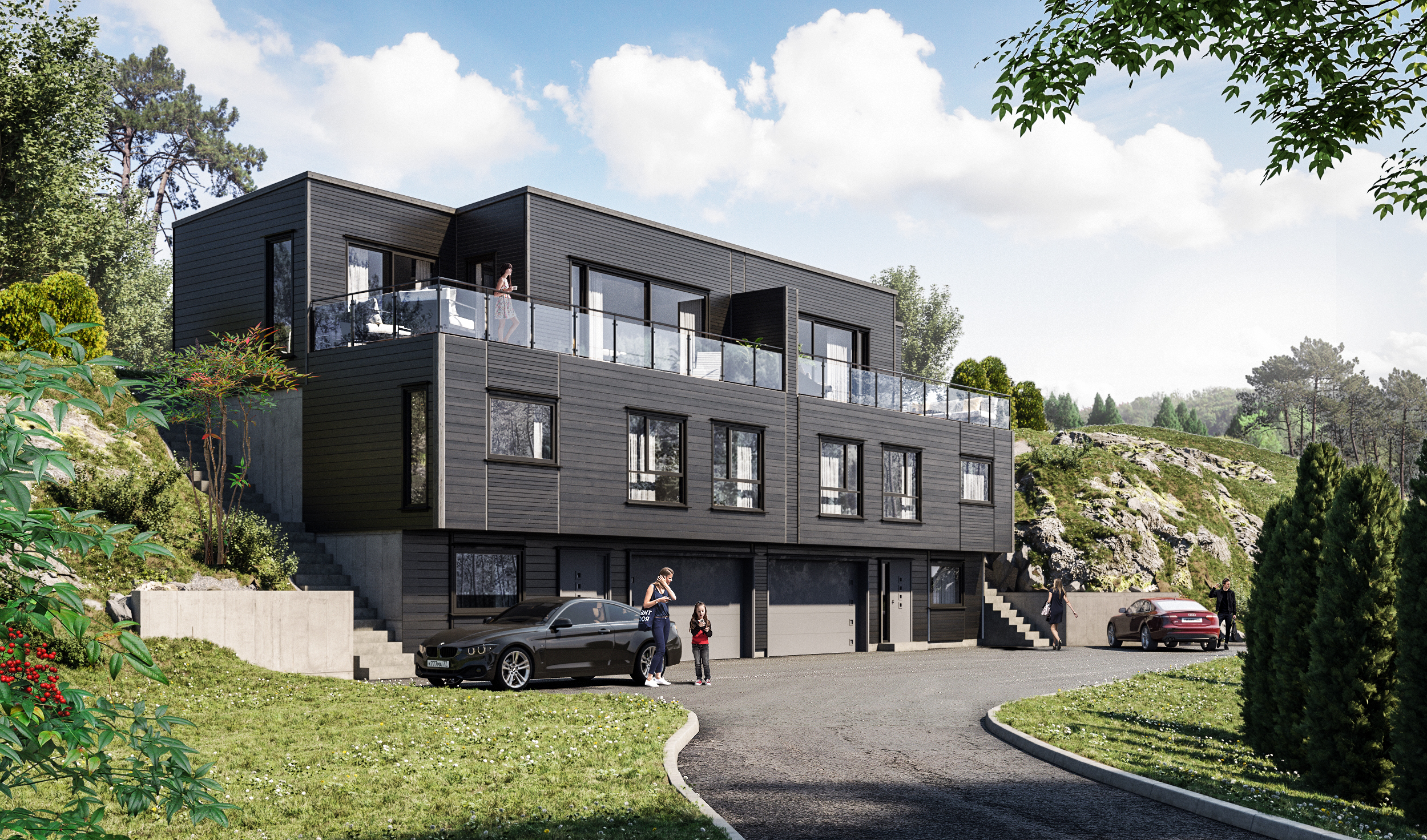 Gjengivelse av hus med bil parkert foran, laget for oppdragsgiver AEKO Eiendomsutvikling i 2016.