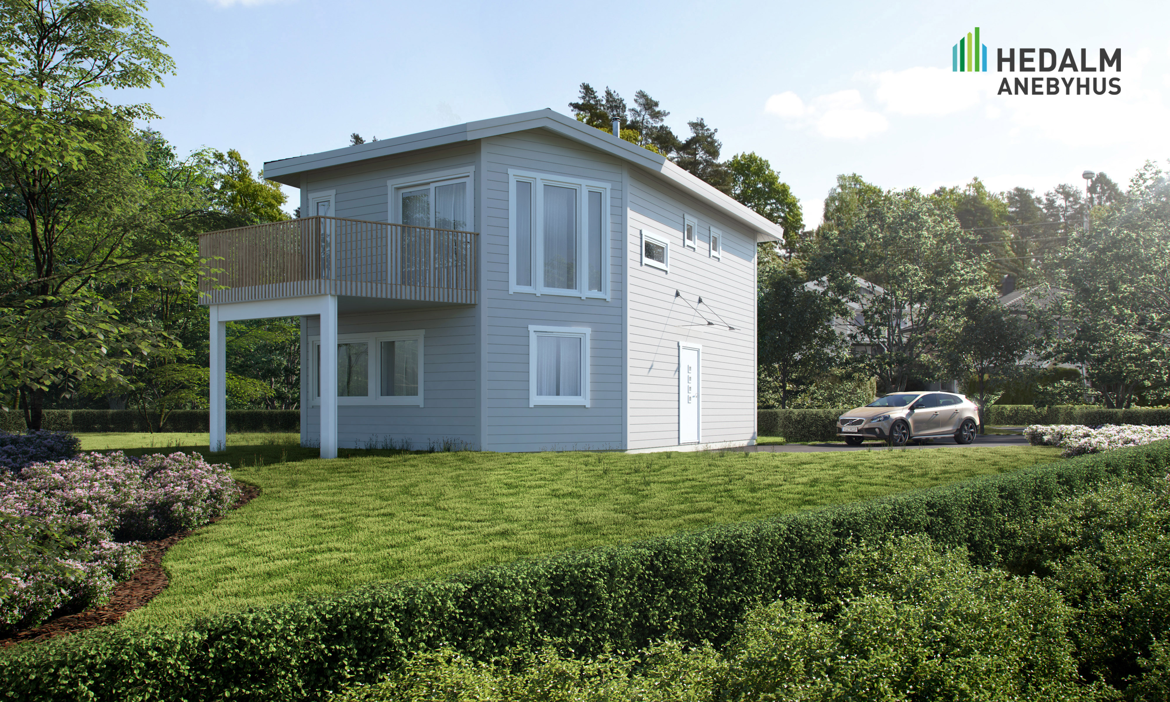Gjengivelse av hus med bil parkert foran for salg i 2016.