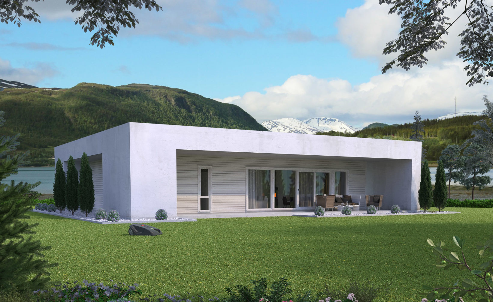 En visuell gjengivelse av Hus1, et hvitt hus som ligger på et grønt felt, laget i 2016 for salgsvisualisering.