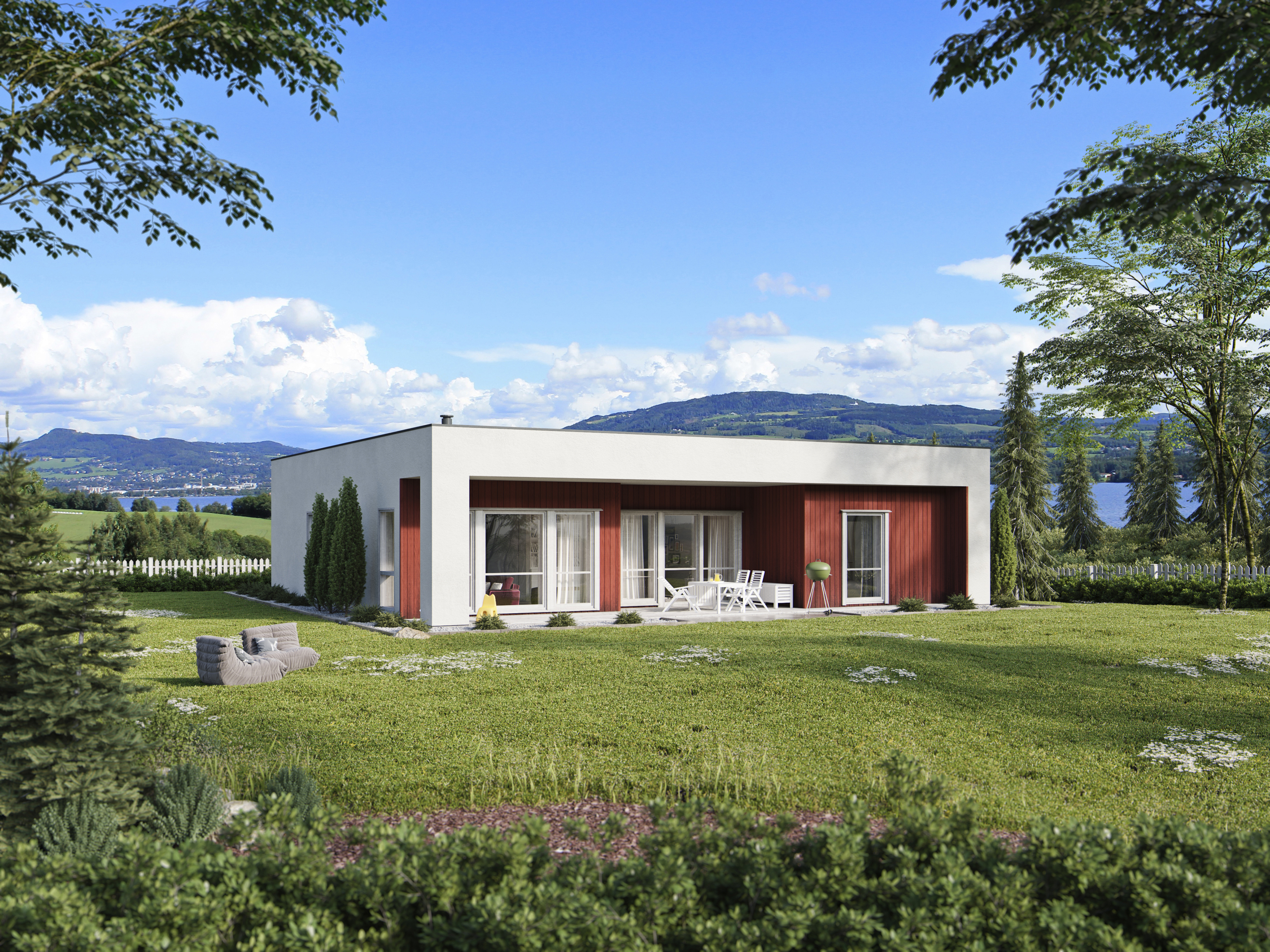 Visualisering av Hus1 hus til salgs i et gressområde.
