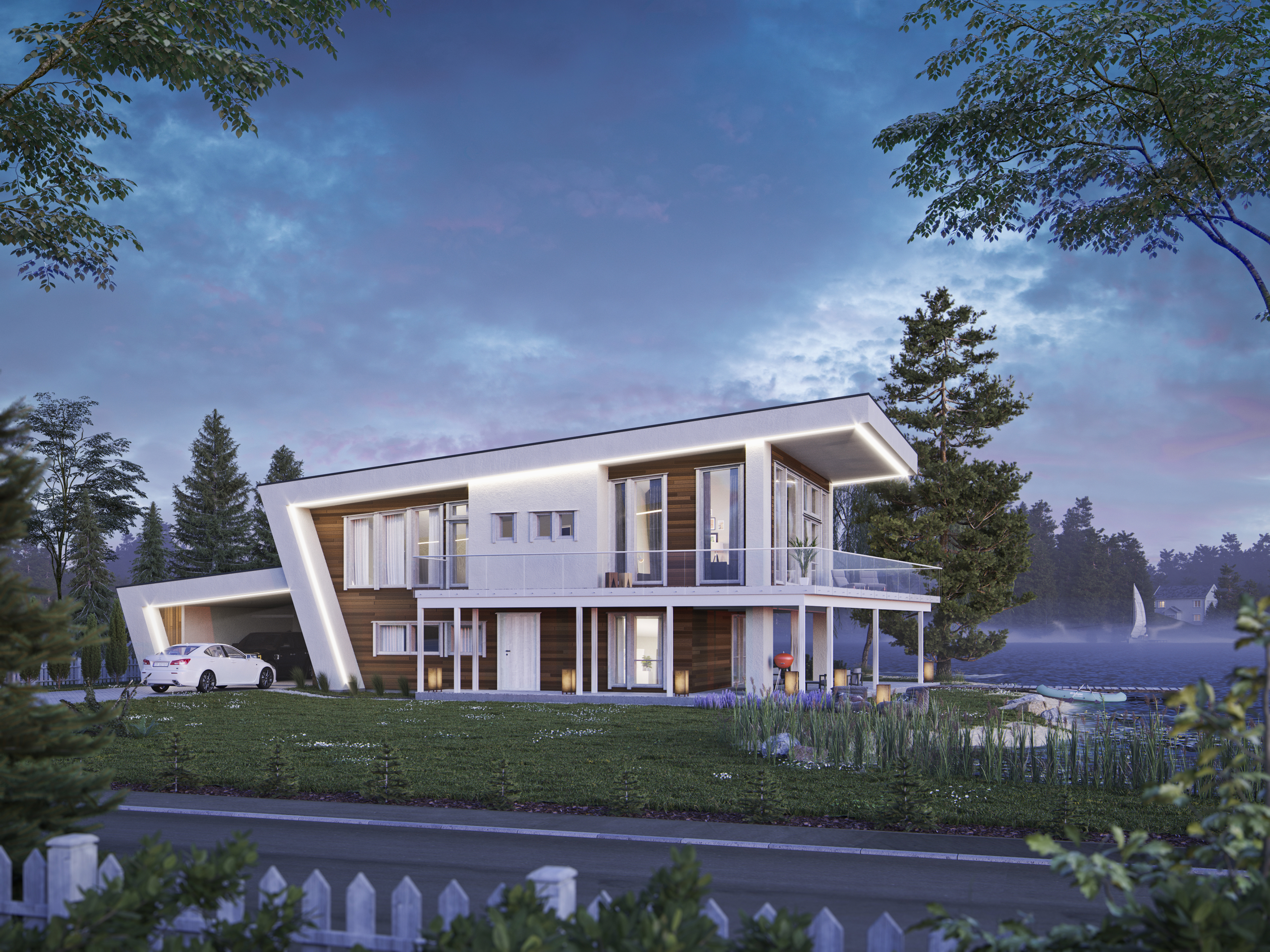 Visualisering for salg: en 3D-gjengivelse av et moderne hus på en innsjø.