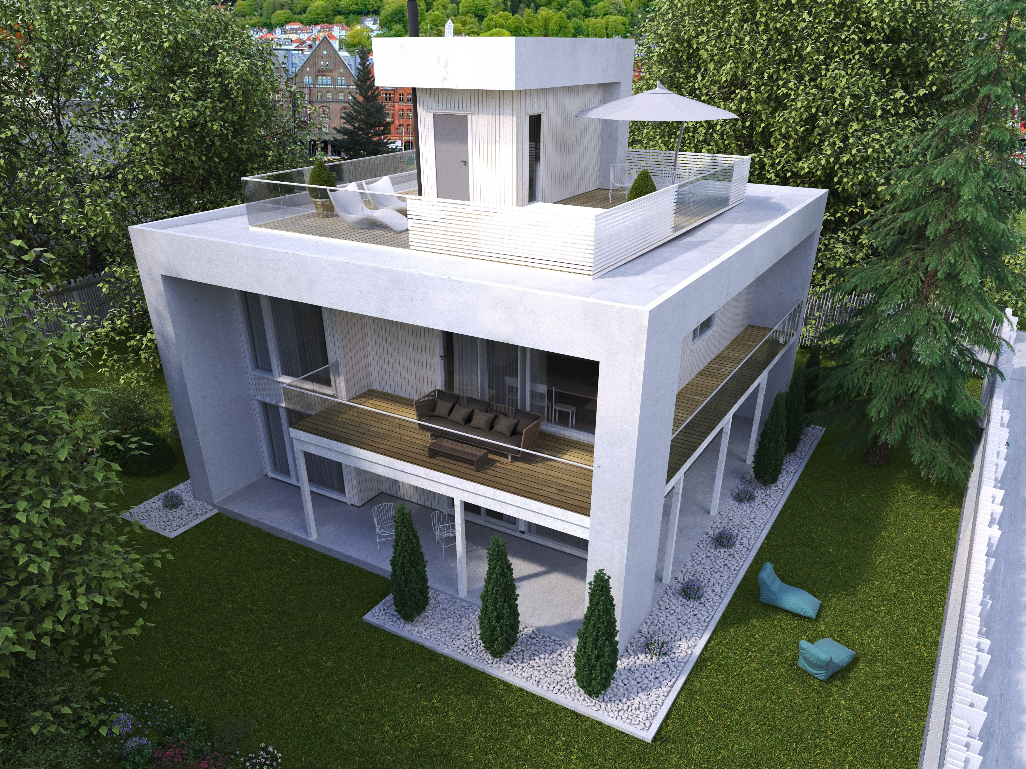 Et hvitt hus med balkong visualisert for salg i 3D-gjengivelse.