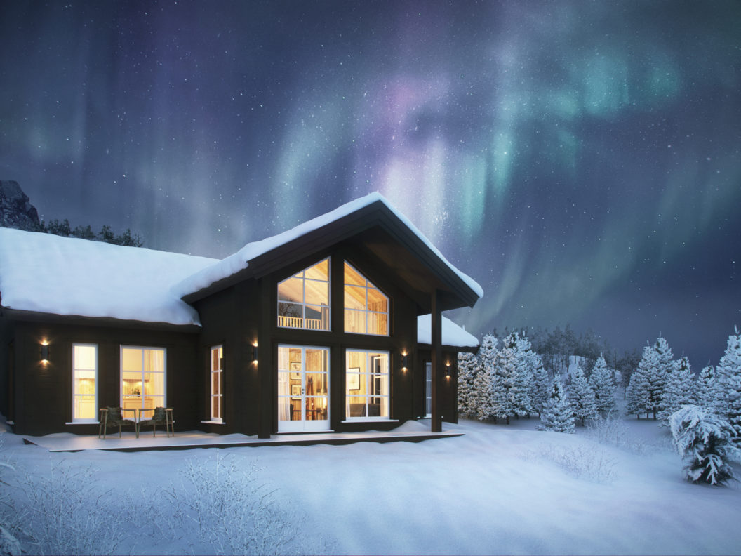 En visualisert hytte under nordlys til salgs i 2016 av Nordlyshytter.