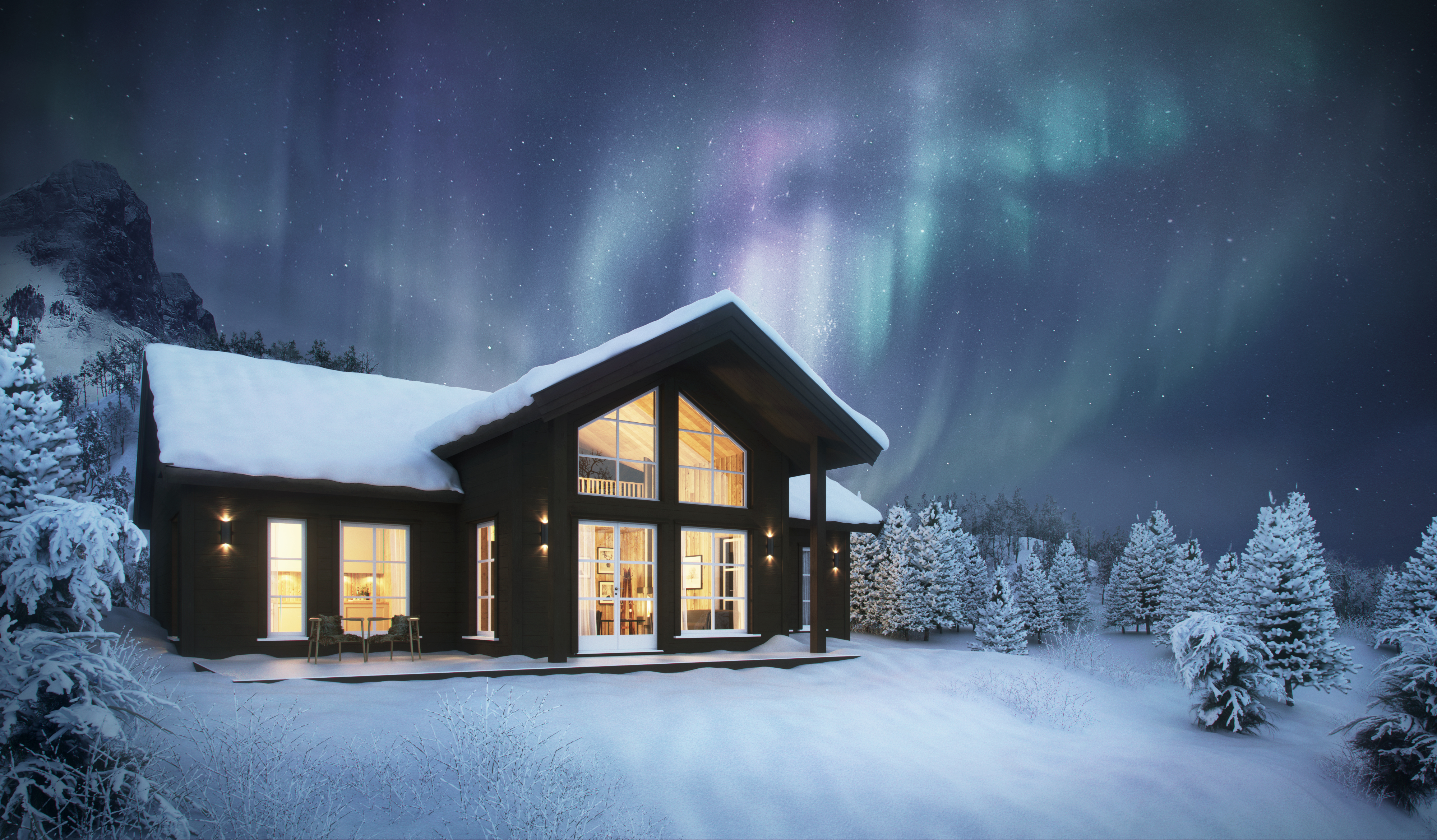 En visualisert hytte under nordlys til salgs i 2016 av Nordlyshytter.