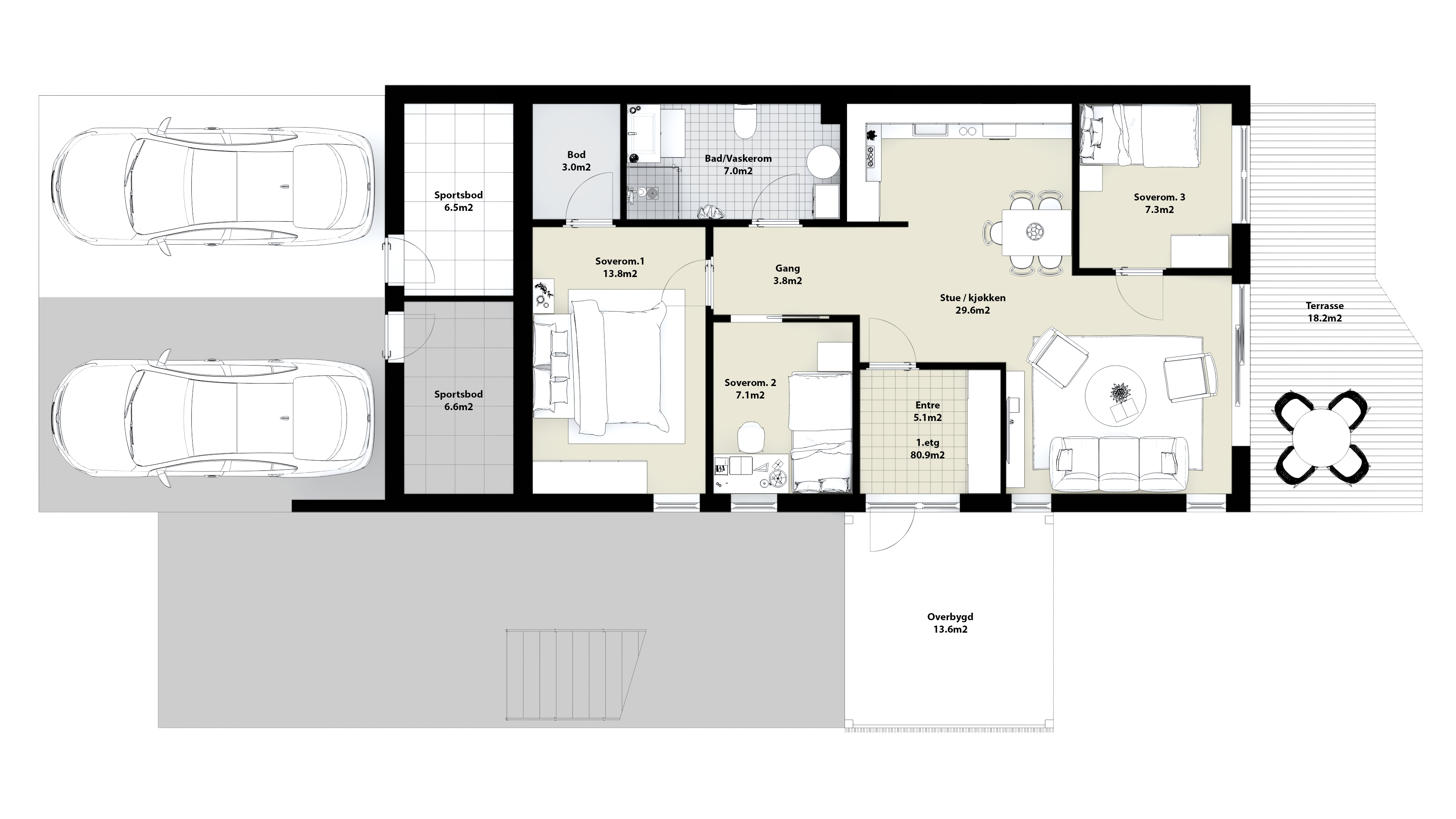 En planløsning med to soverom laget i 2017 for DNB Eiendoms salgsvisualiseringsformål.