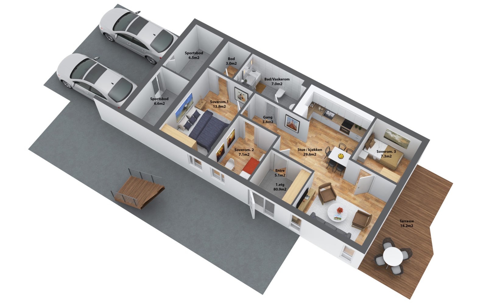 En planløsning av et hus med to soverom og stue visualisert for salg i 2017 av DNB Eiendom.