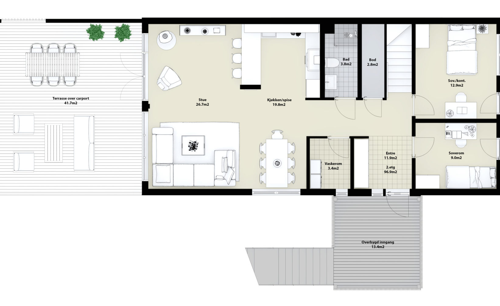 DNB Eiendoms planløsning visualiserer en to-roms leilighet for salg i 2017.