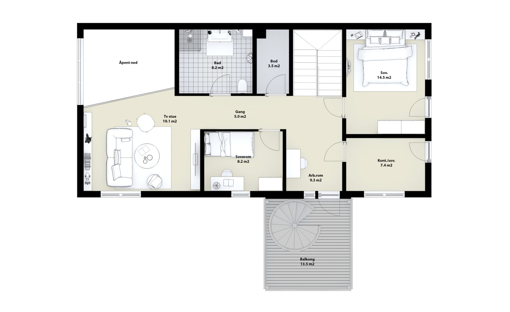 En to-roms leilighetsplan for visualisering og salg, bestilt av DNB Eiendom i 2017.