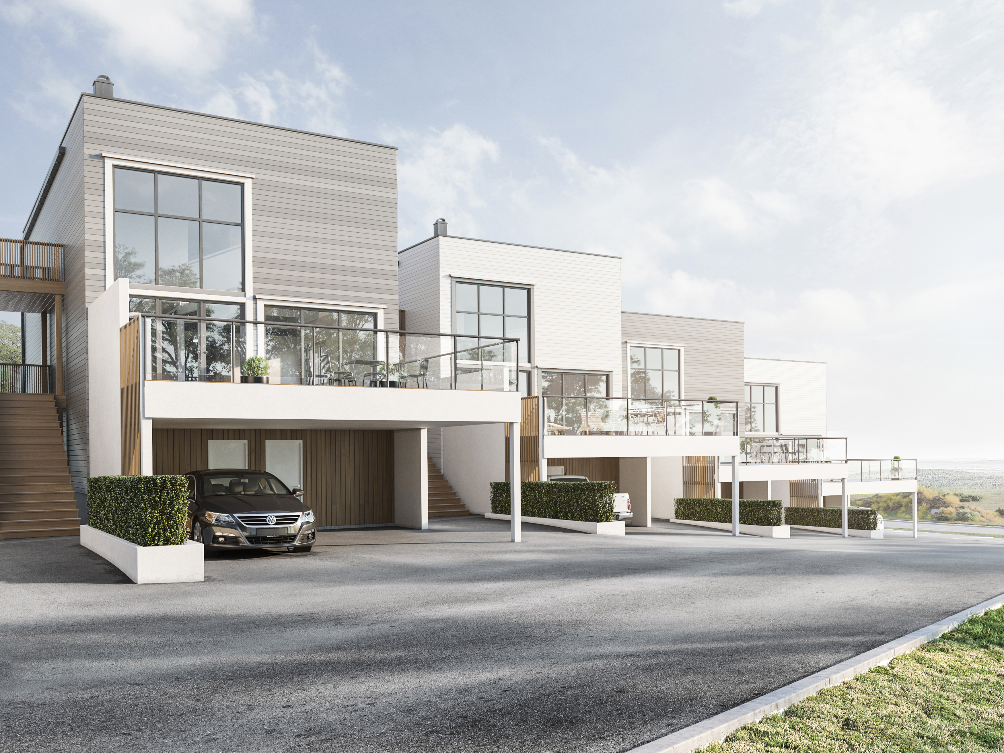 Et moderne hus med en bil parkert foran, gjengitt for salgsvisualisering i 2017.