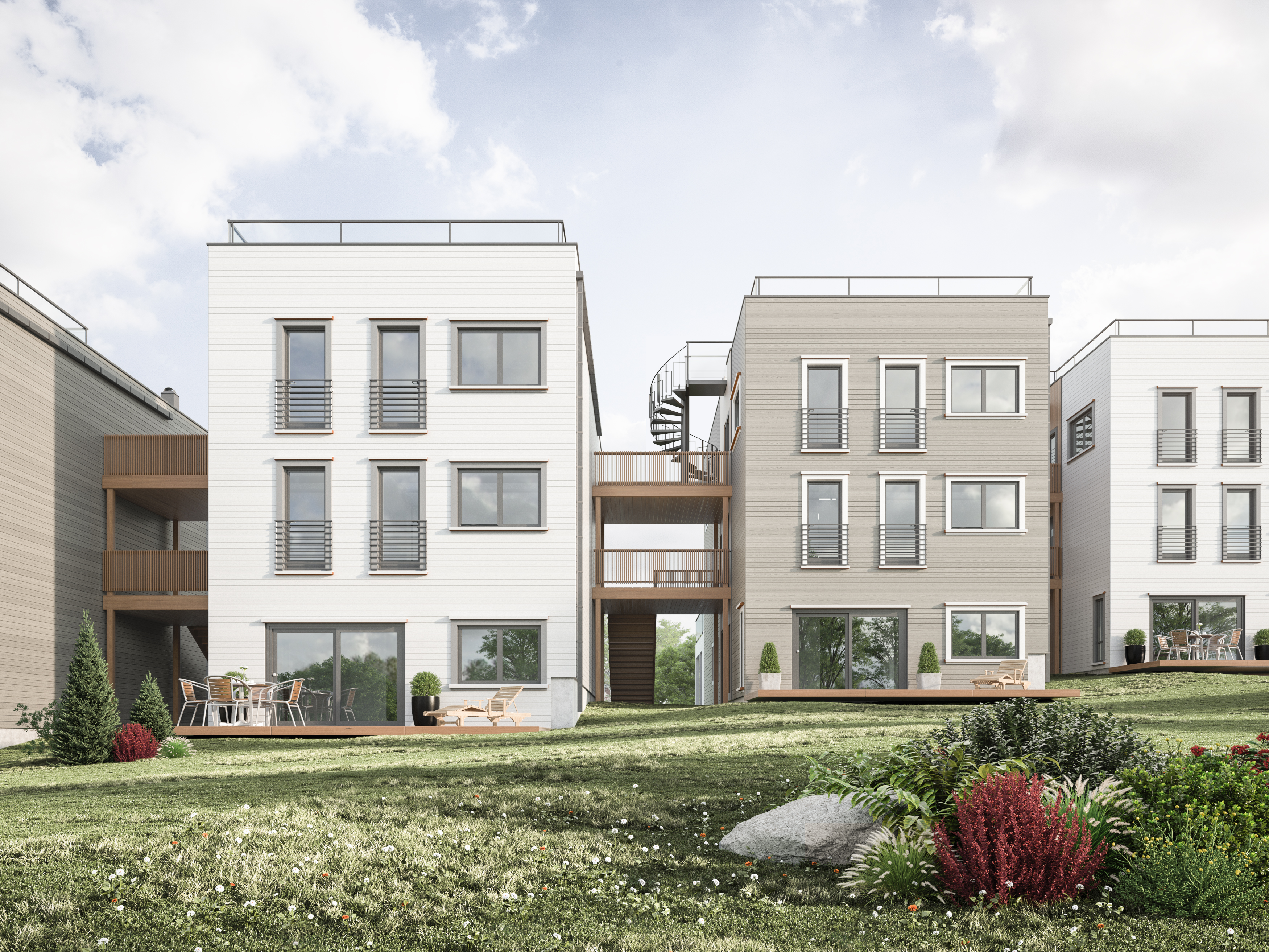 en 3d-gjengivelse av et moderne leilighetskompleks.