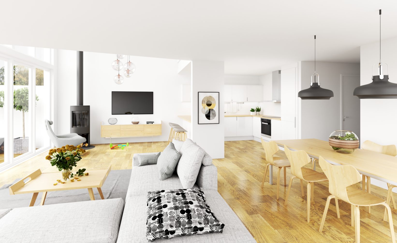 3D-rendering av stue og spisestue for visualisering av salg i 2017 for Klient: DNB Eiendom.