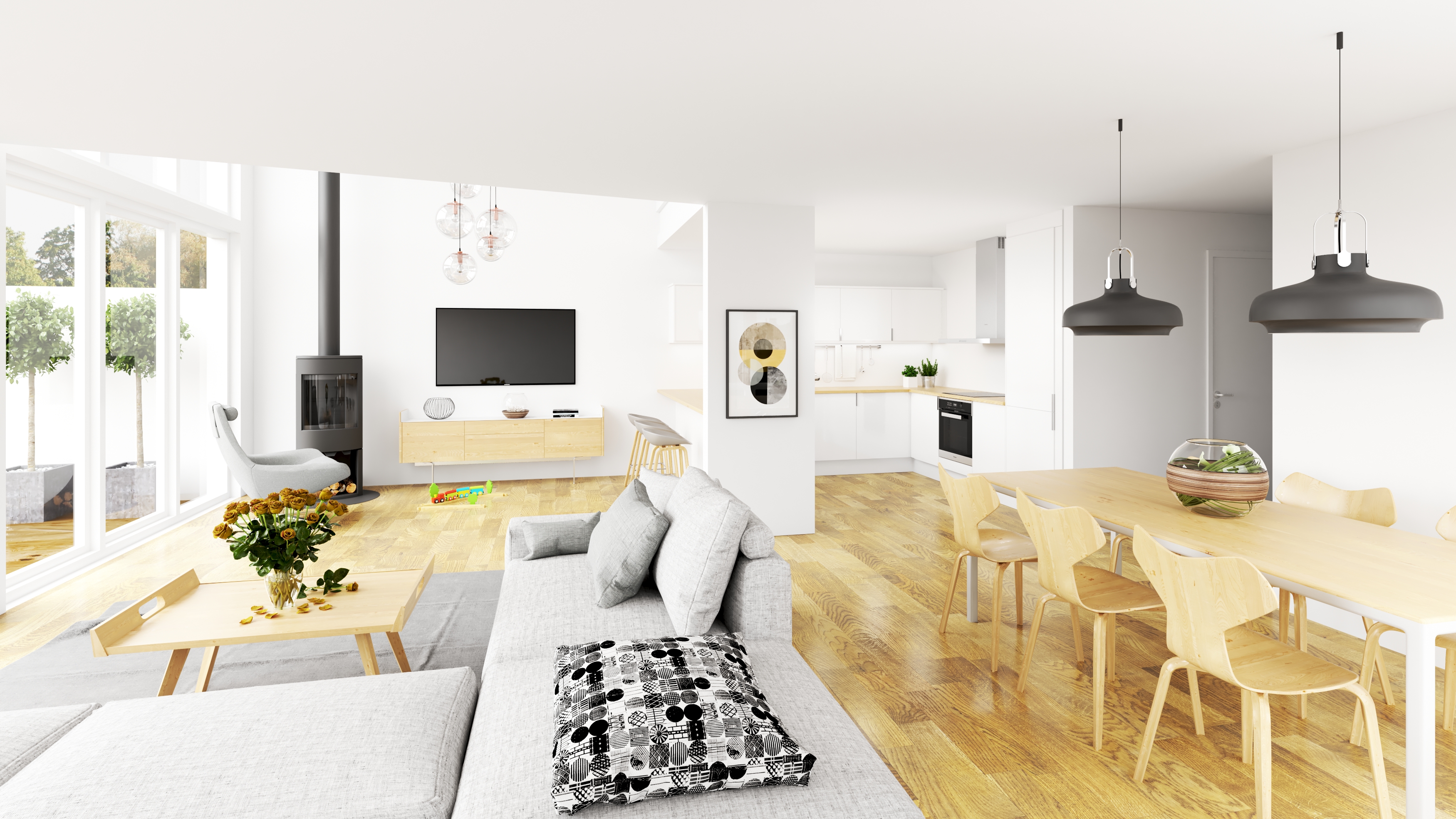 3D-rendering av stue og spisestue for visualisering av salg i 2017 for Klient: DNB Eiendom.