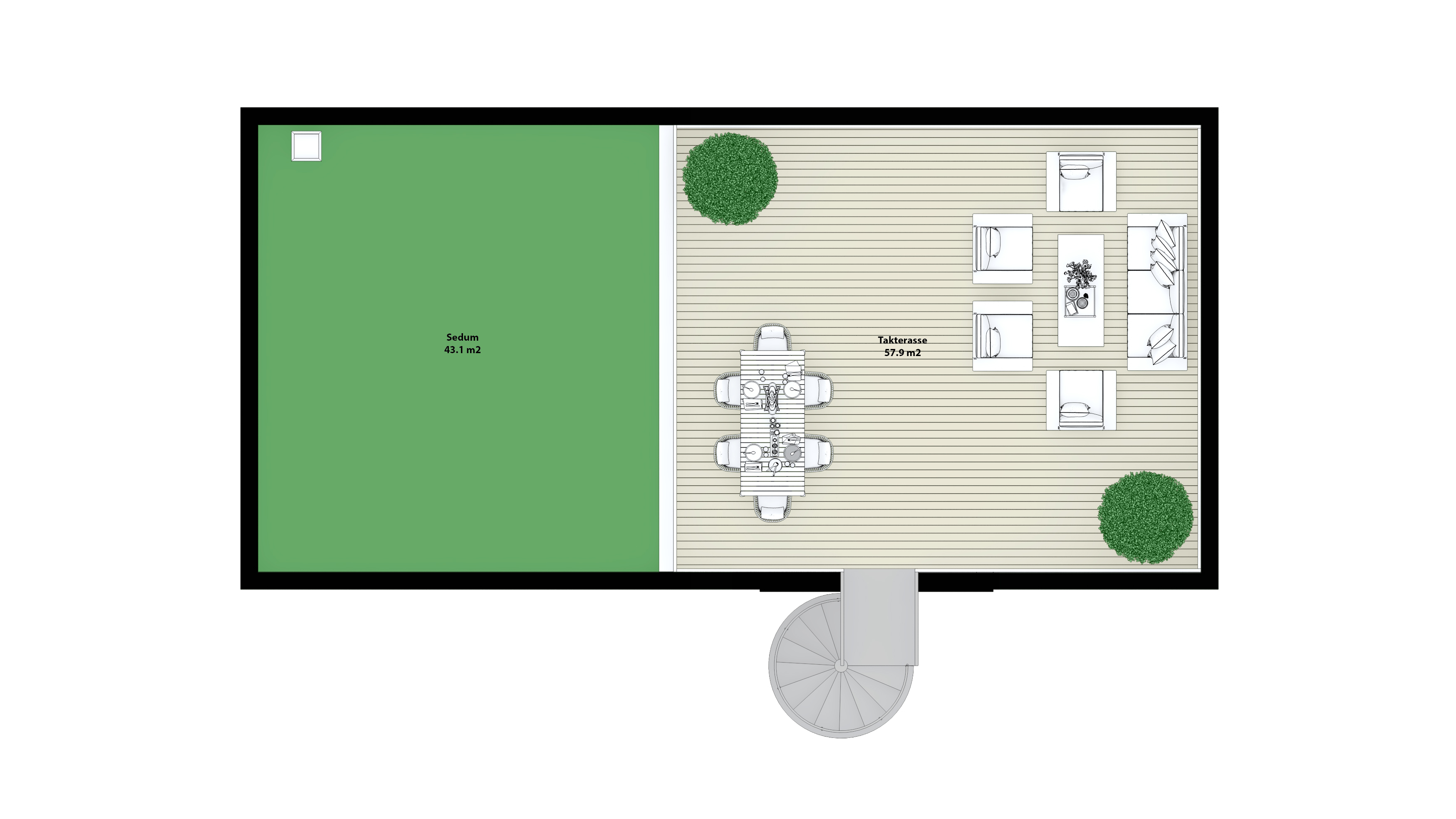 En plantegning av et hus med uteareal, laget med det formål å visualisere for salg.