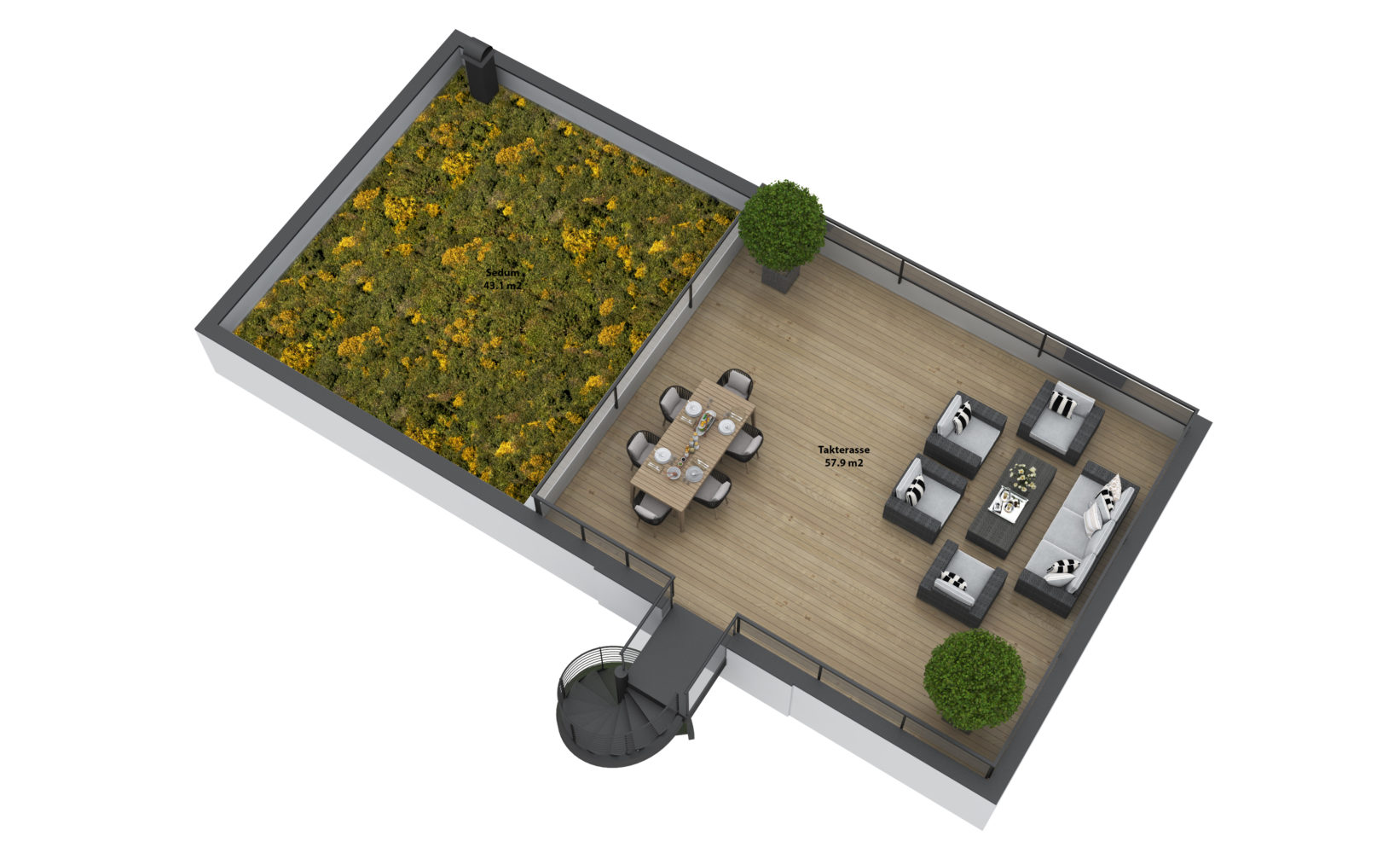 Et luftfoto av et kontor med grønt tak for å visualisere salgsformål i 2017.