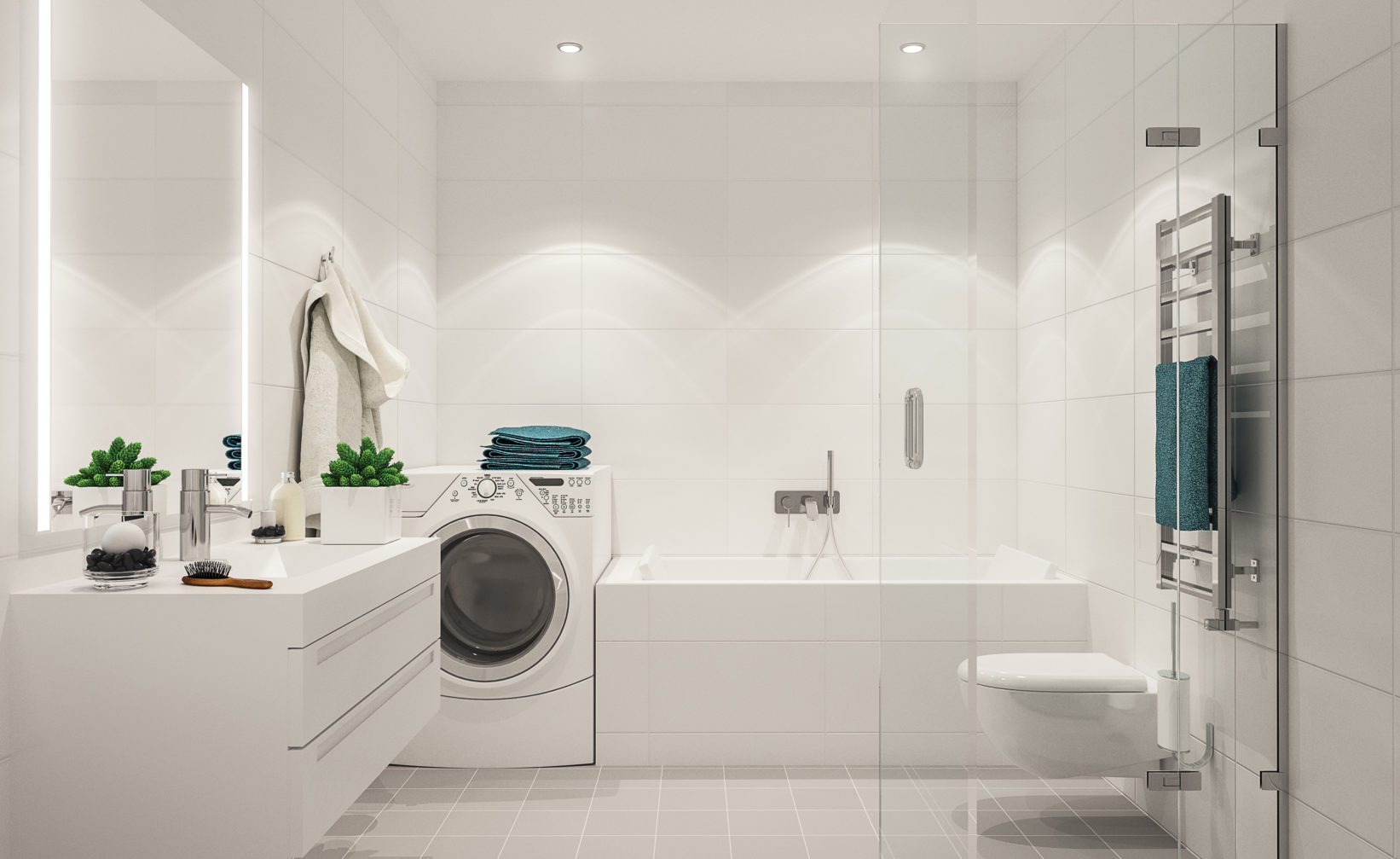Et hvitt bad med vaskemaskin og tørketrommel visualisert for salg i 2017 av DNB Eiendom.