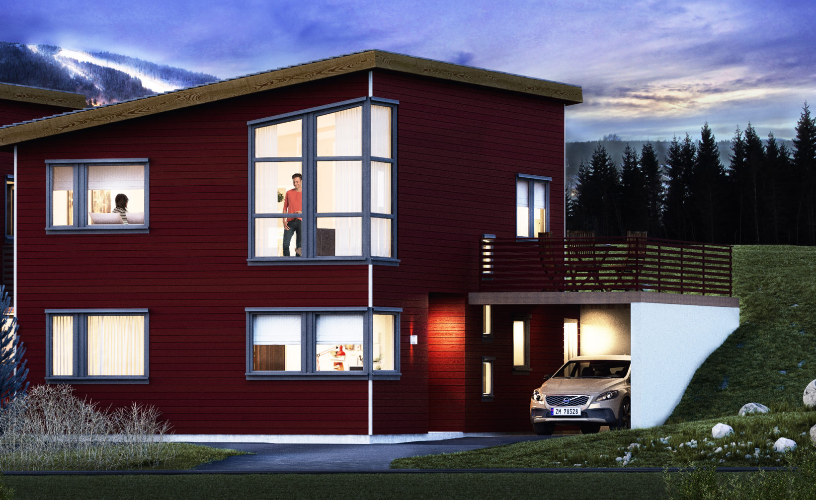 Et visuelt tiltalende rødt hus strategisk plassert med en bil til salgs, og gir potensielle kjøpere en tydelig representasjon av eiendommen.