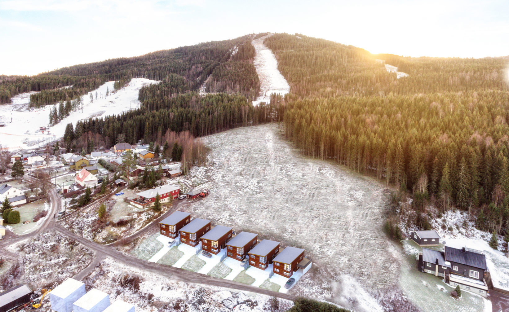Flyfoto av et alpinanlegg for visualisering av salgsformål for DNB Eiendom i 2017.