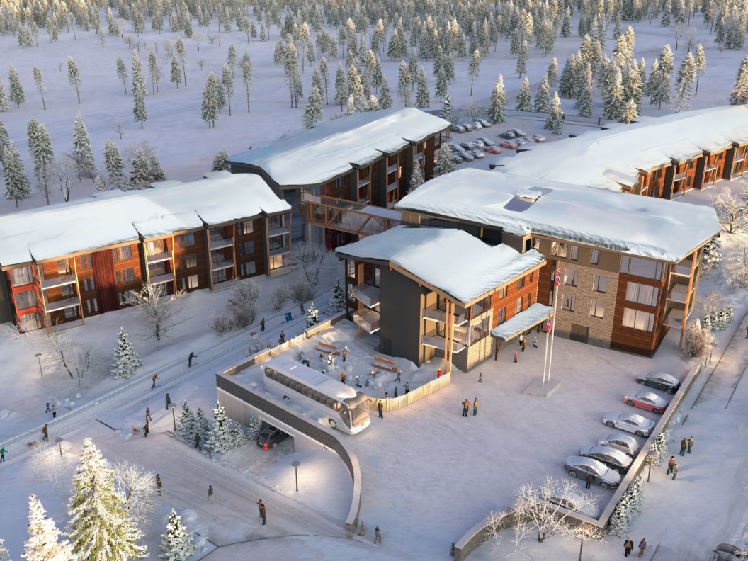 en luftfoto av et leilighetskompleks i et snødekt område visualisert for salg i 2017 for Klient: Savalen.
