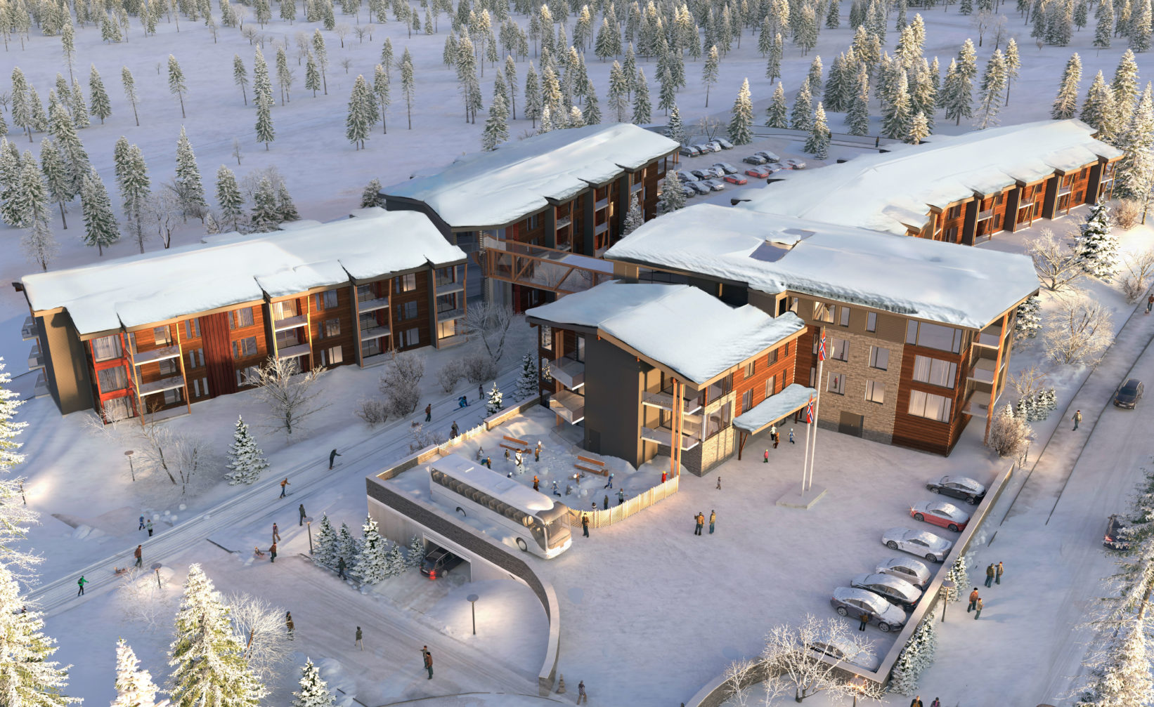 en luftfoto av et leilighetskompleks i et snødekt område visualisert for salg i 2017 for Klient: Savalen.