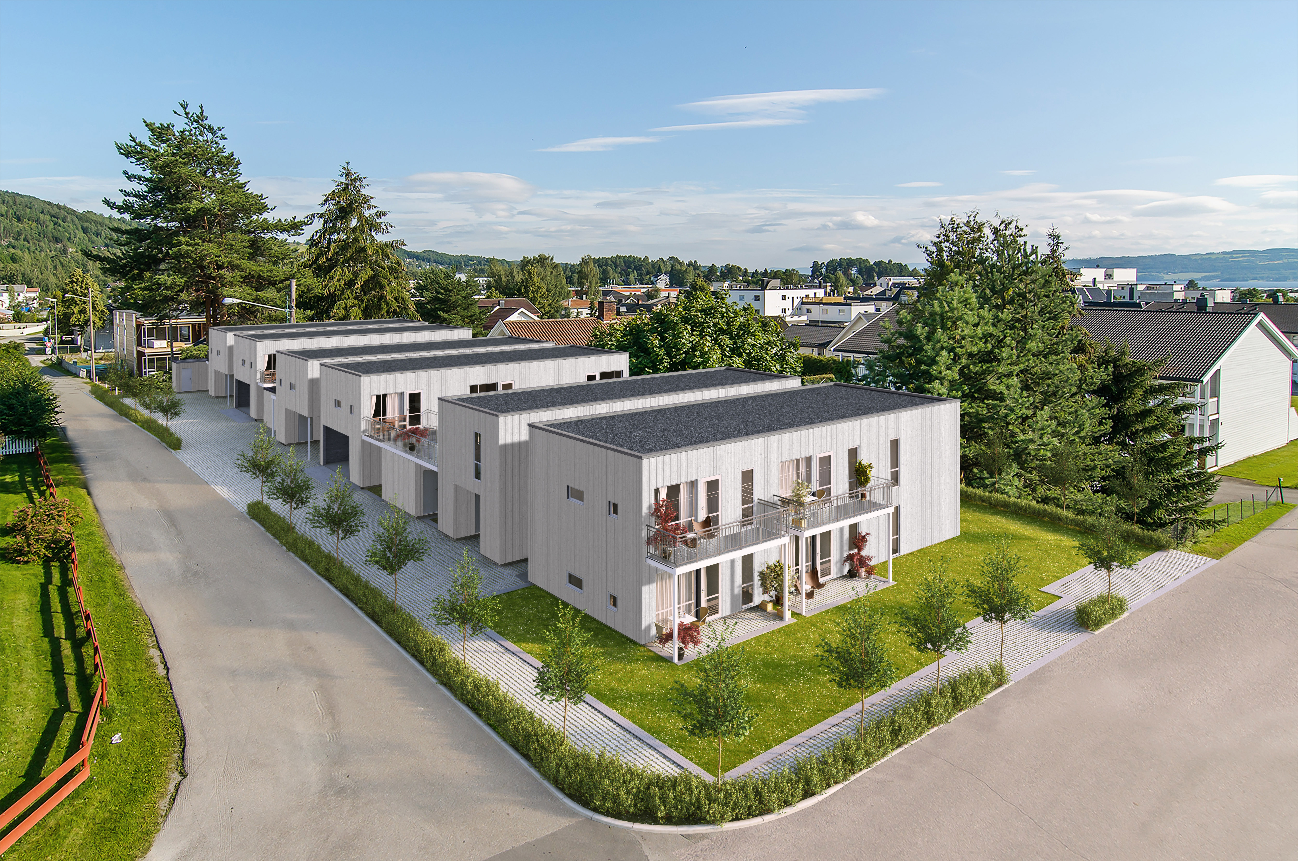 En luftfoto av et boligleilighetskompleks visualisert for salgsformål av EnterGruppen i 2017.