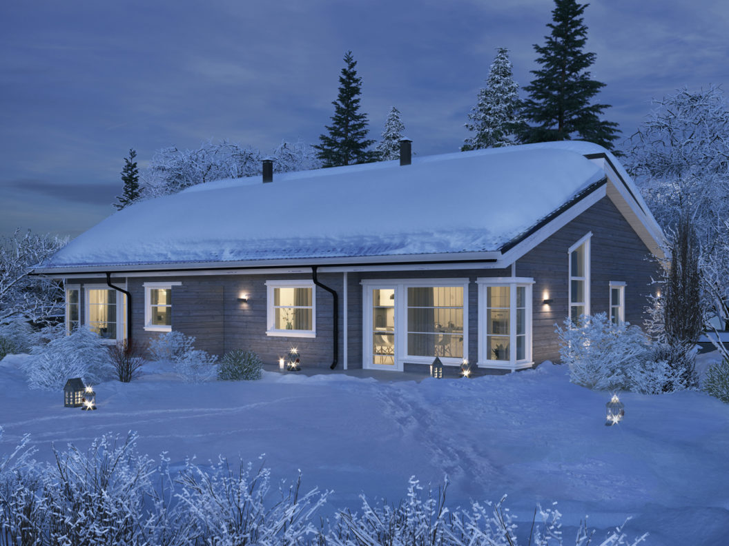Visualisering av et hus til salgs i snøen.