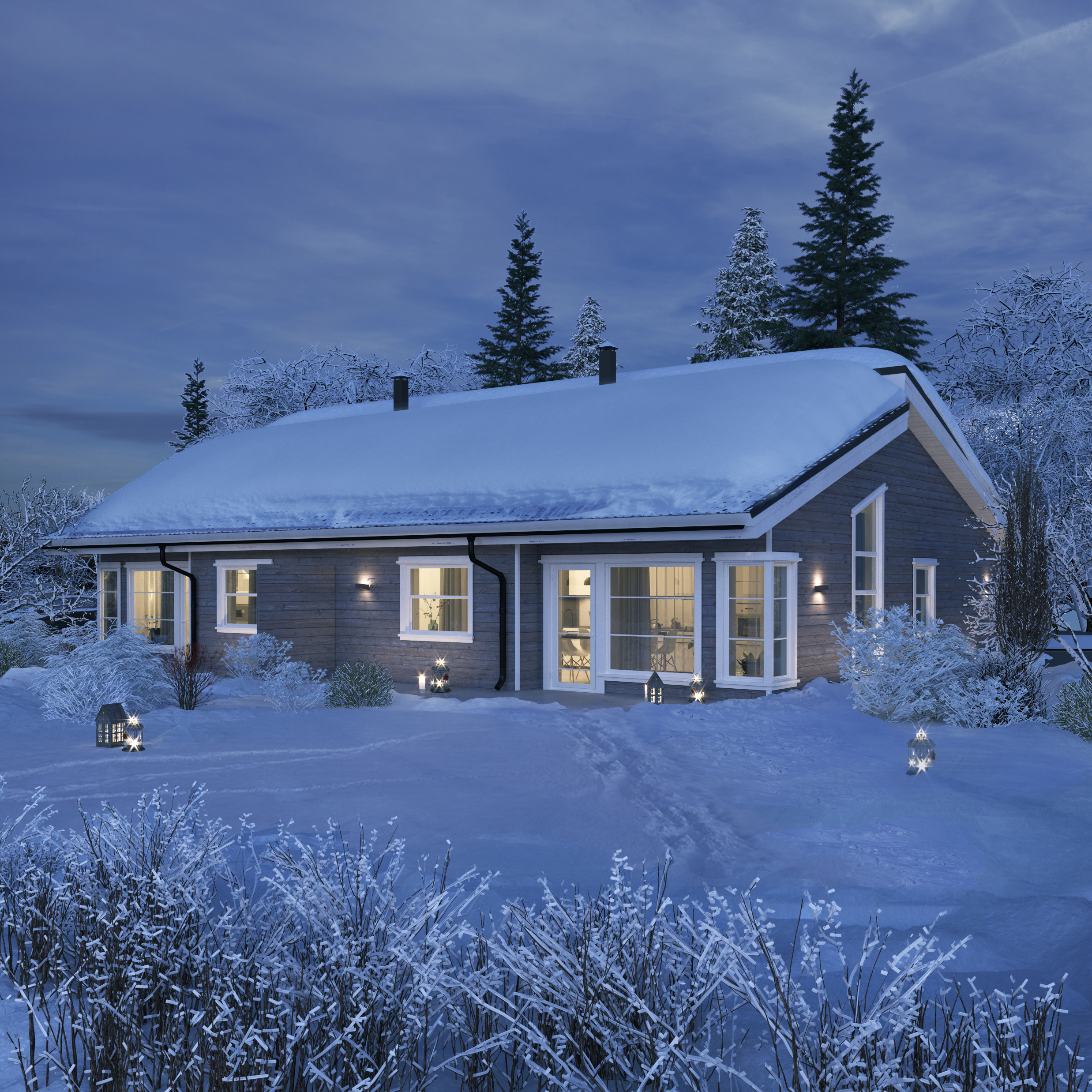 Visualisering av et hus til salgs i snøen.