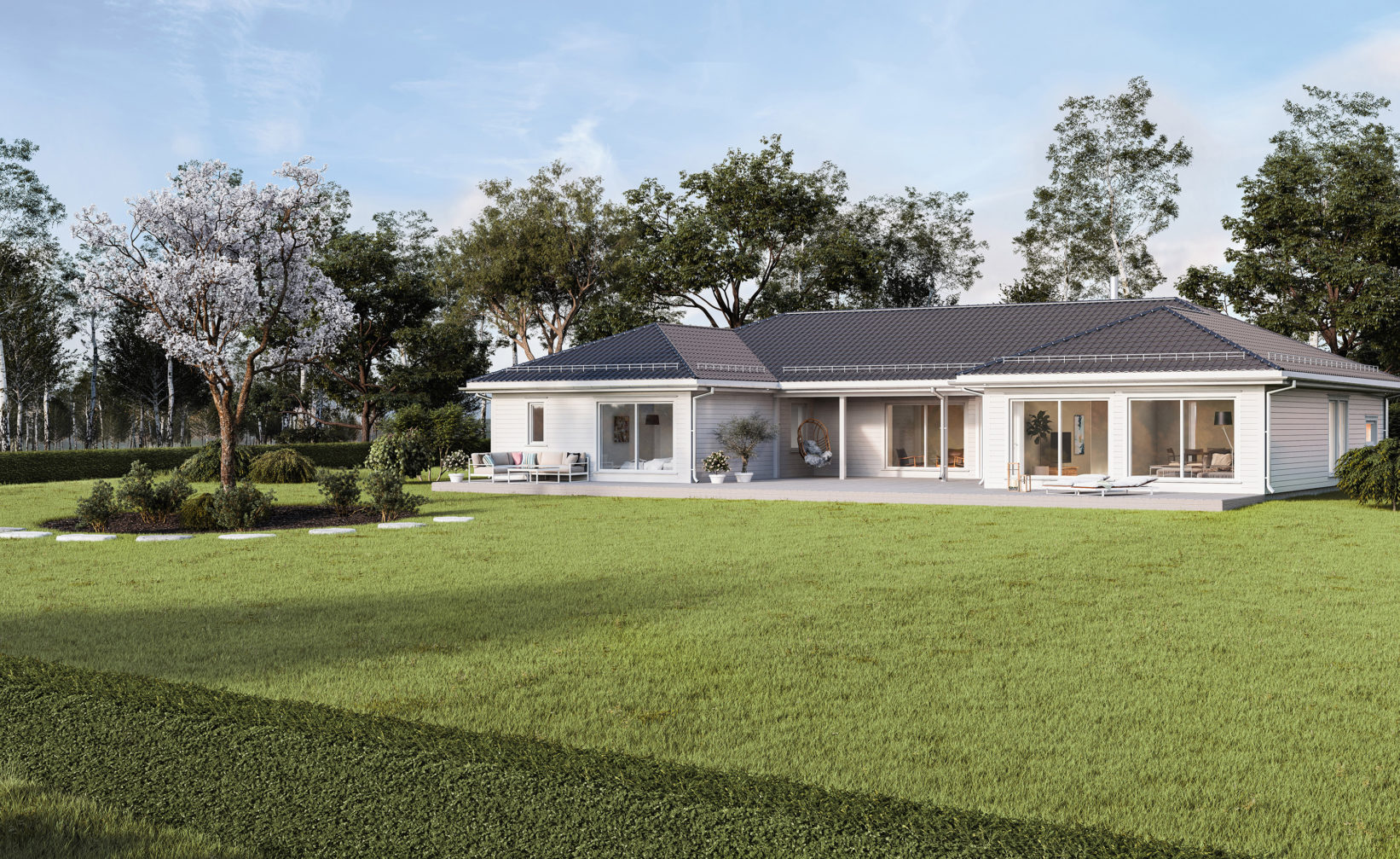 Et 3D-gjengitt hus med en grønn plen til salgs i 2017.