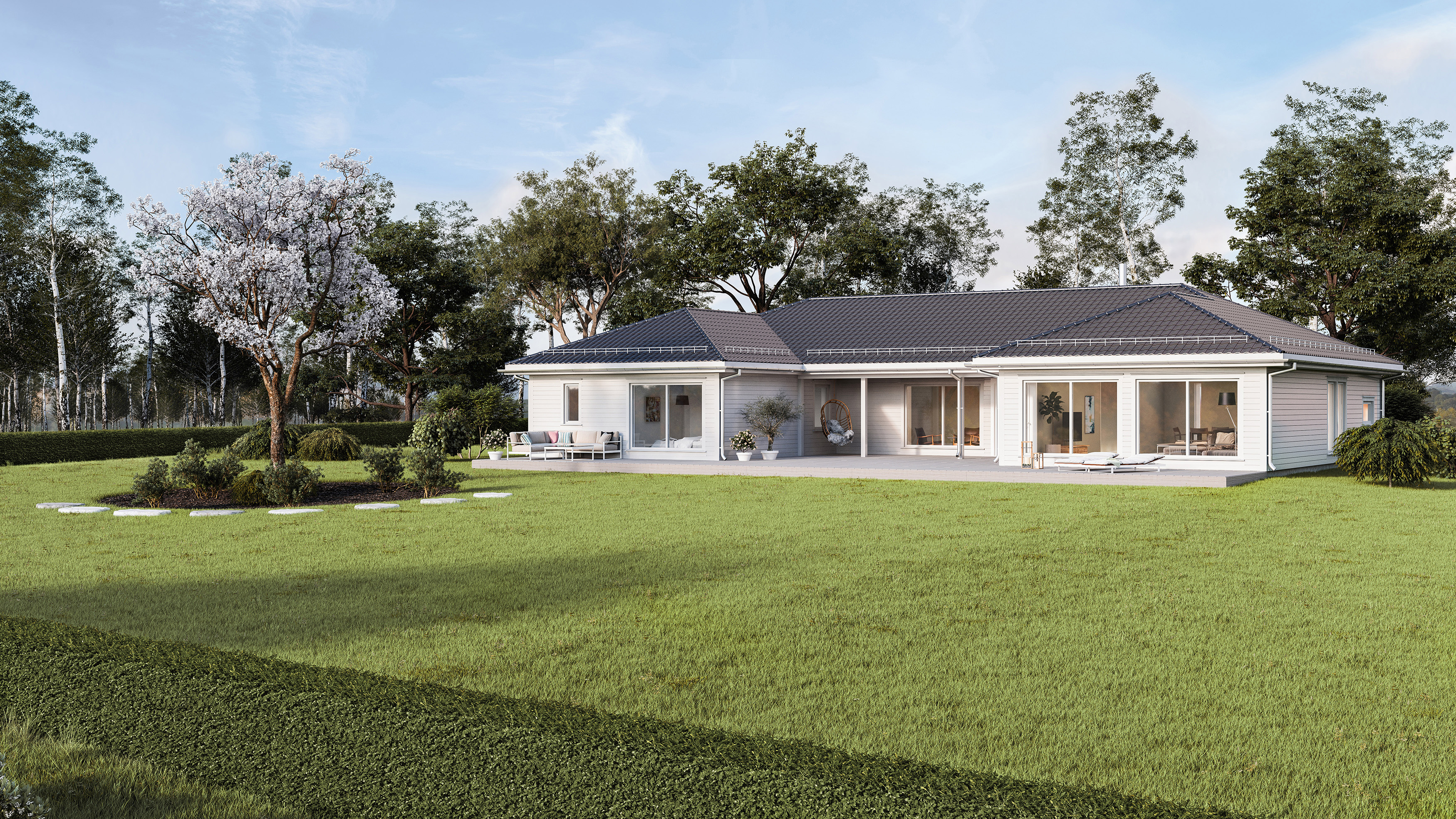 Et 3D-gjengitt hus med en grønn plen til salgs i 2017.