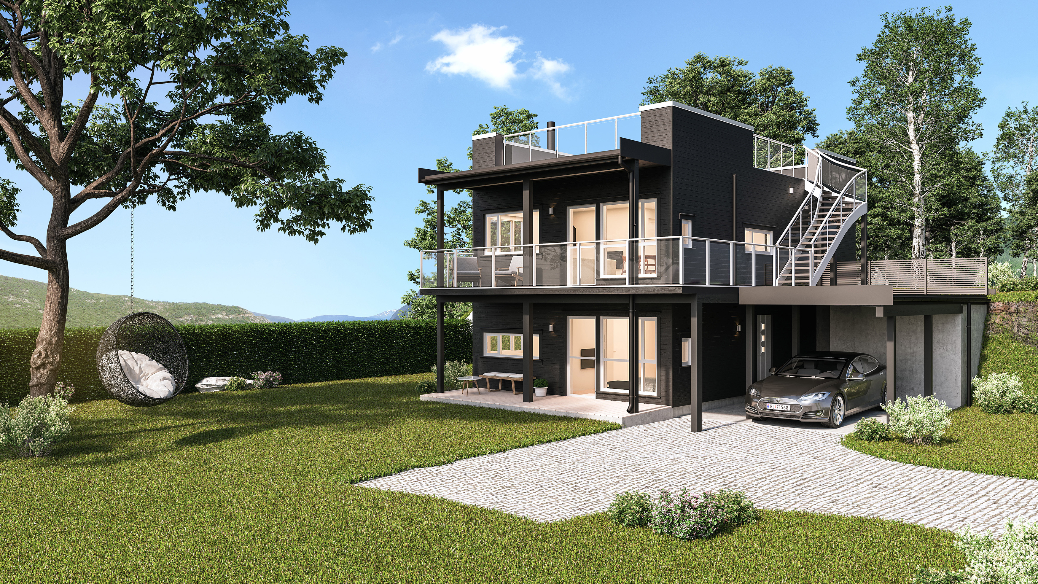 En 3D-gjengivelse av et moderne hus laget for IEC-Hus med det formål å visualisere og selge i 2017.