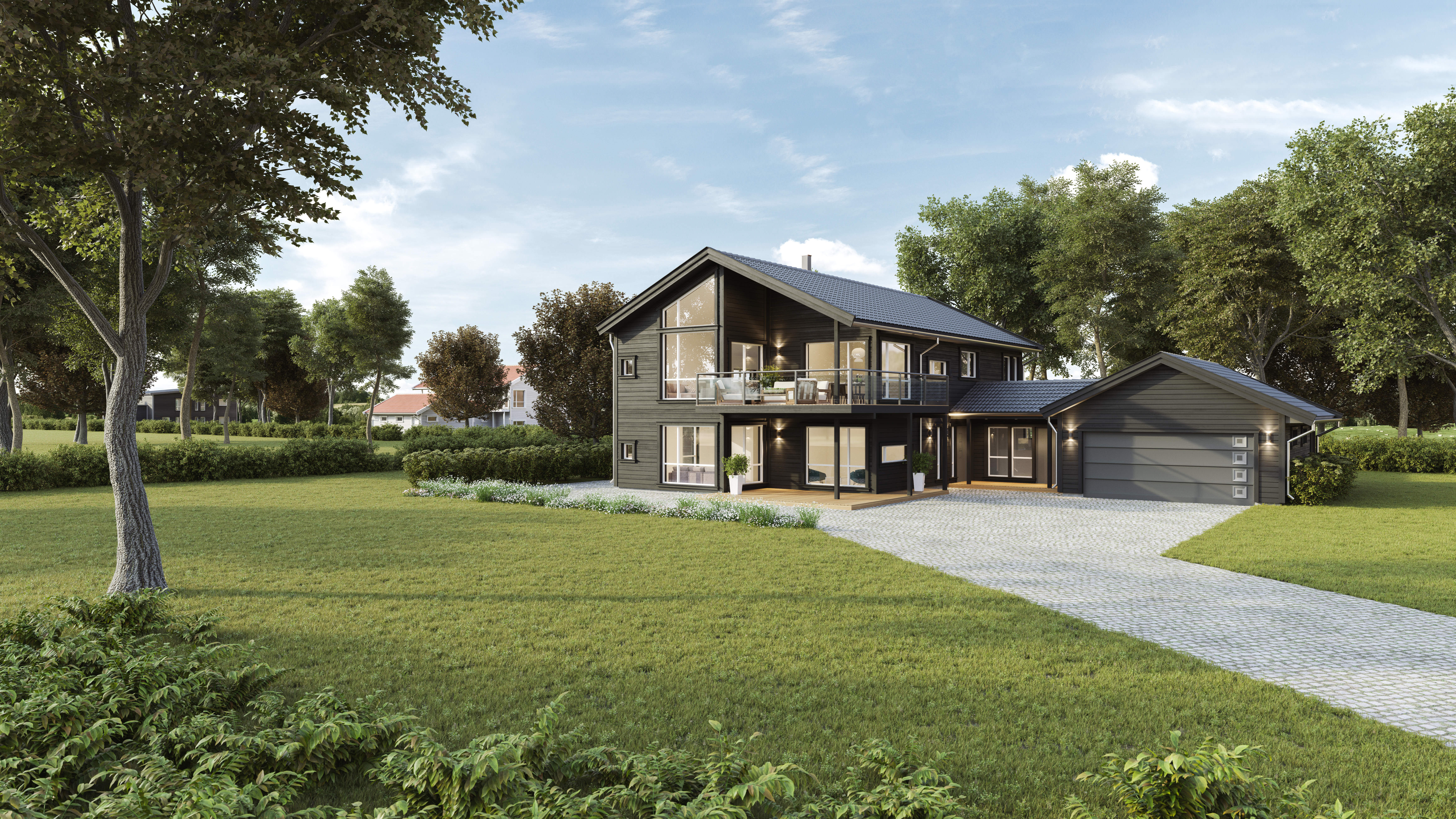 En 3D-gjengivelse av et moderne hjem laget i 2017 for visualisering og salgsformål for IEC-Hus.