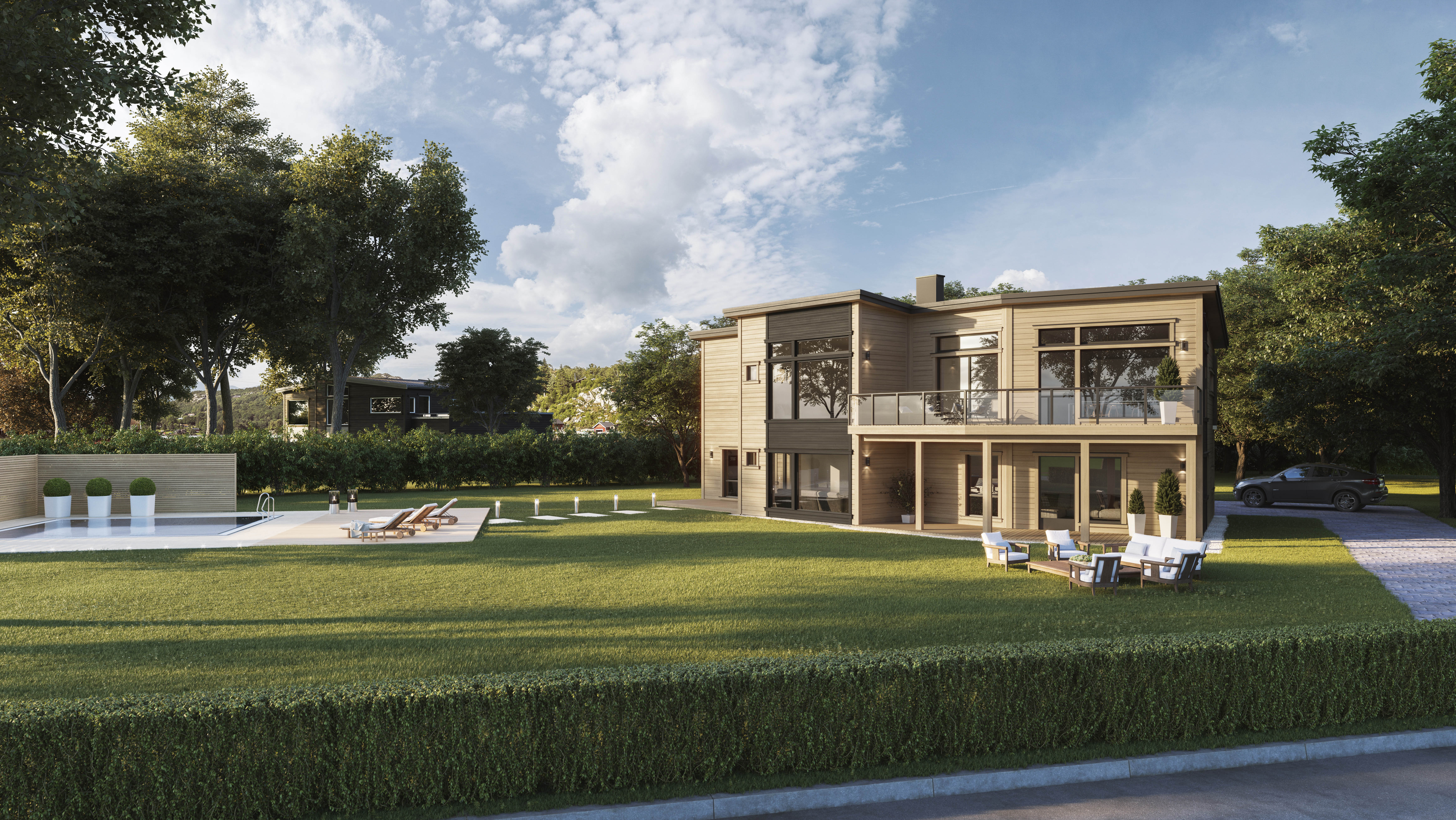 Visualisering av et moderne hus med svømmebasseng til salgs, laget i 3D-gjengivelse i 2017.