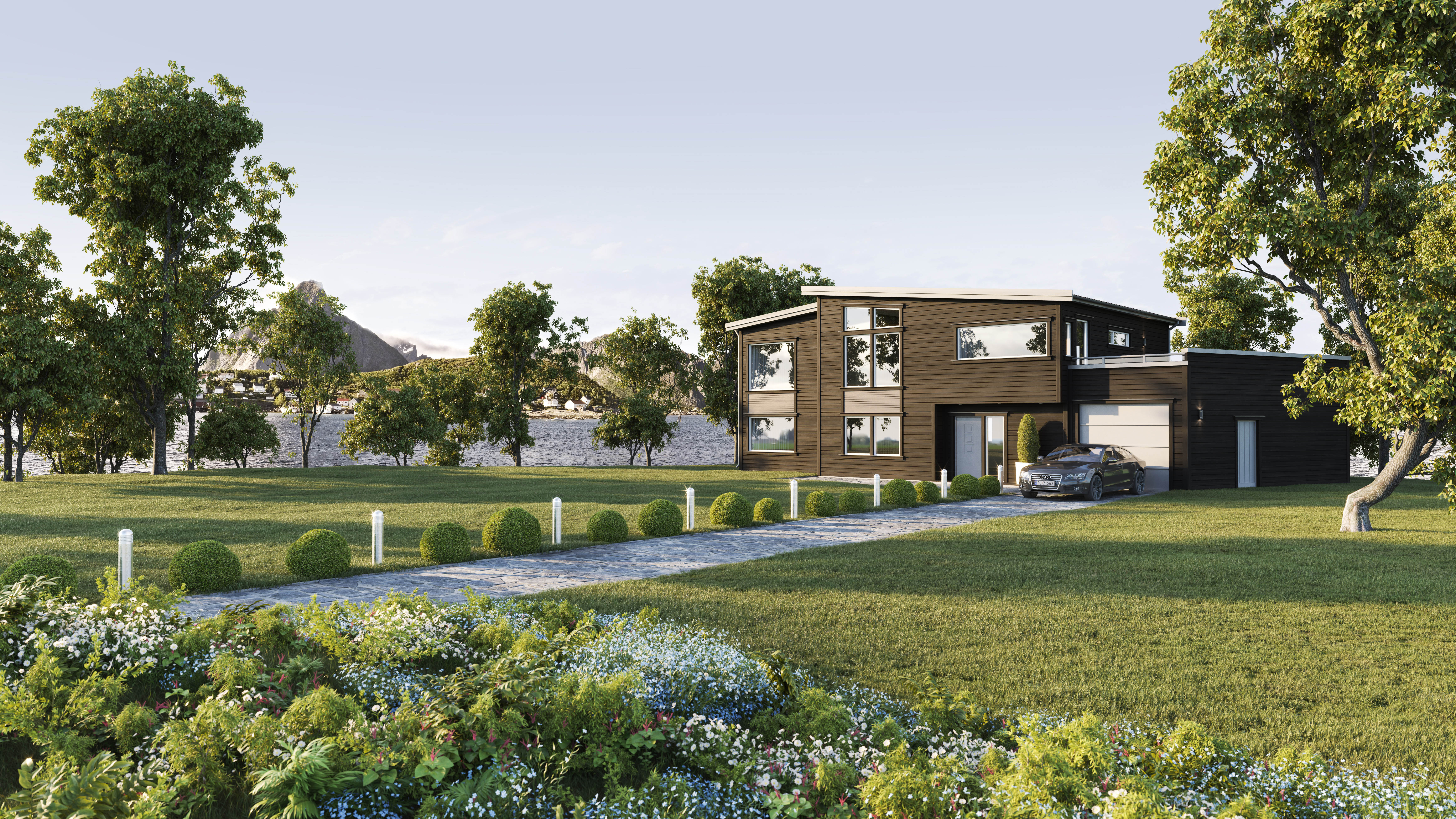 En visuell gjengivelse fra 2017 for salgsformål av et moderne 3D-hjem av Klient: IEC-Hus.