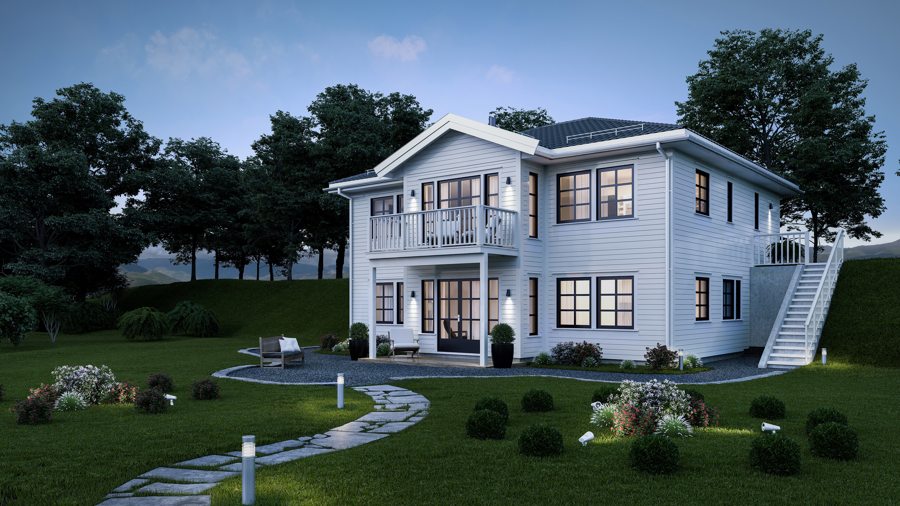 en 3d-gjengivelse av et hus om natten.