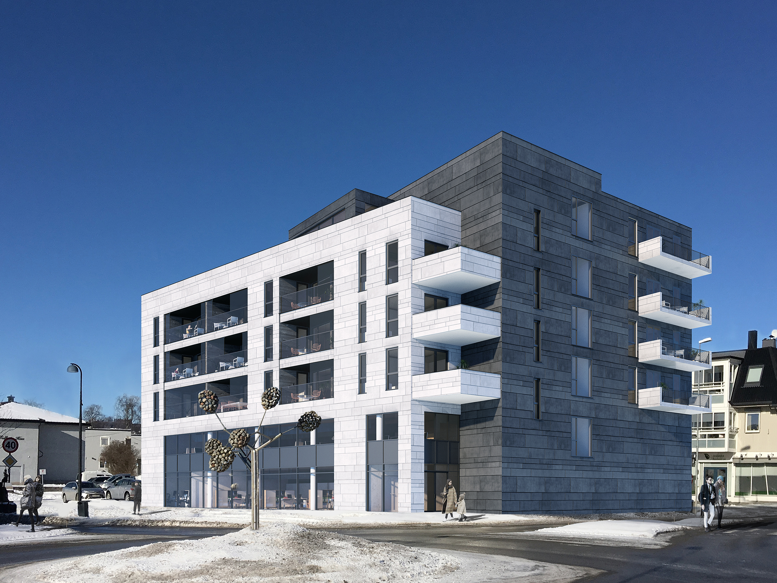 En visuell gjengivelse av en bygård til salgs i en snødekt gate i 2017.
