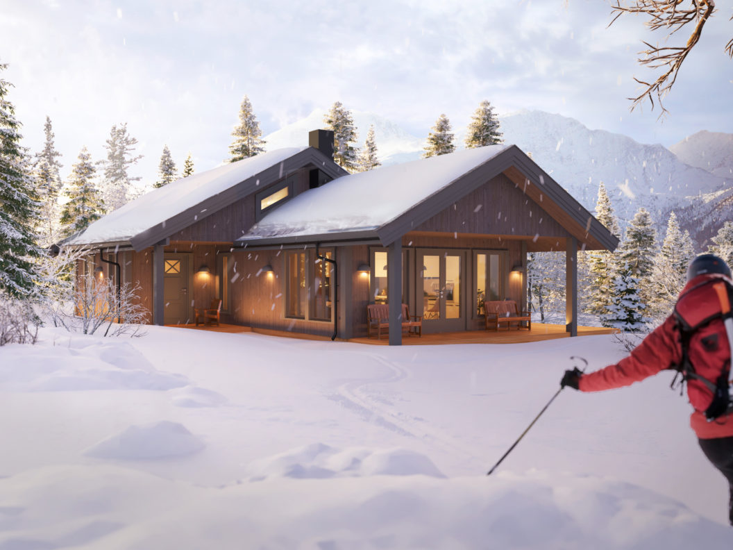 En mann går på ski foran en hytte i snøen for å visualisere salg.
