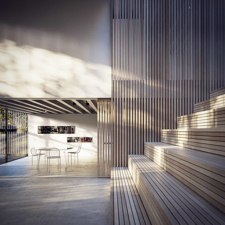 En tretrapp som fører til et rom i arkitekturvisualisering.