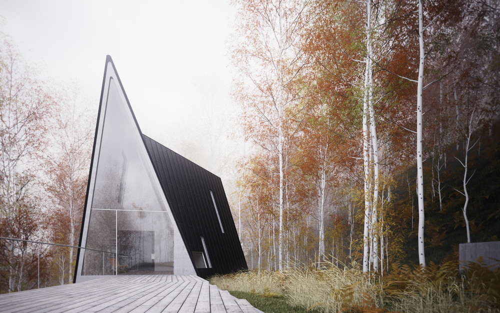 arkitekturvisualisering av en liten hytte i skogen med gangvei i tre.