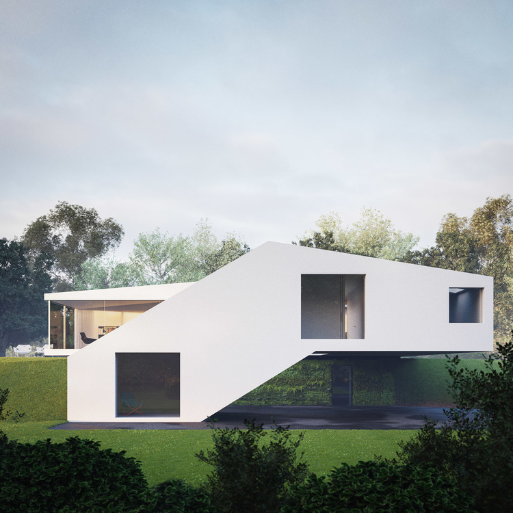et hvitt hus på en gresskledd åsside skildret gjennom arkitekturvisualisering.
