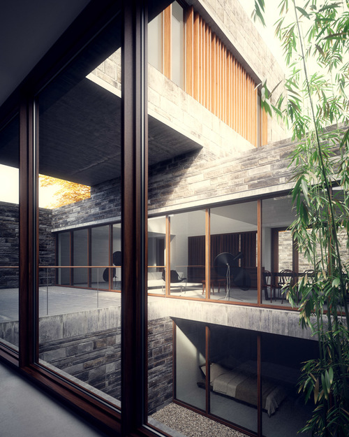 En innvendig visning av et hus som viser de store vinduene gjennom arkitekturvisualisering.