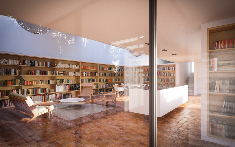 En arkitekturvisualisering av et rom med bokhyller og en glassvegg.