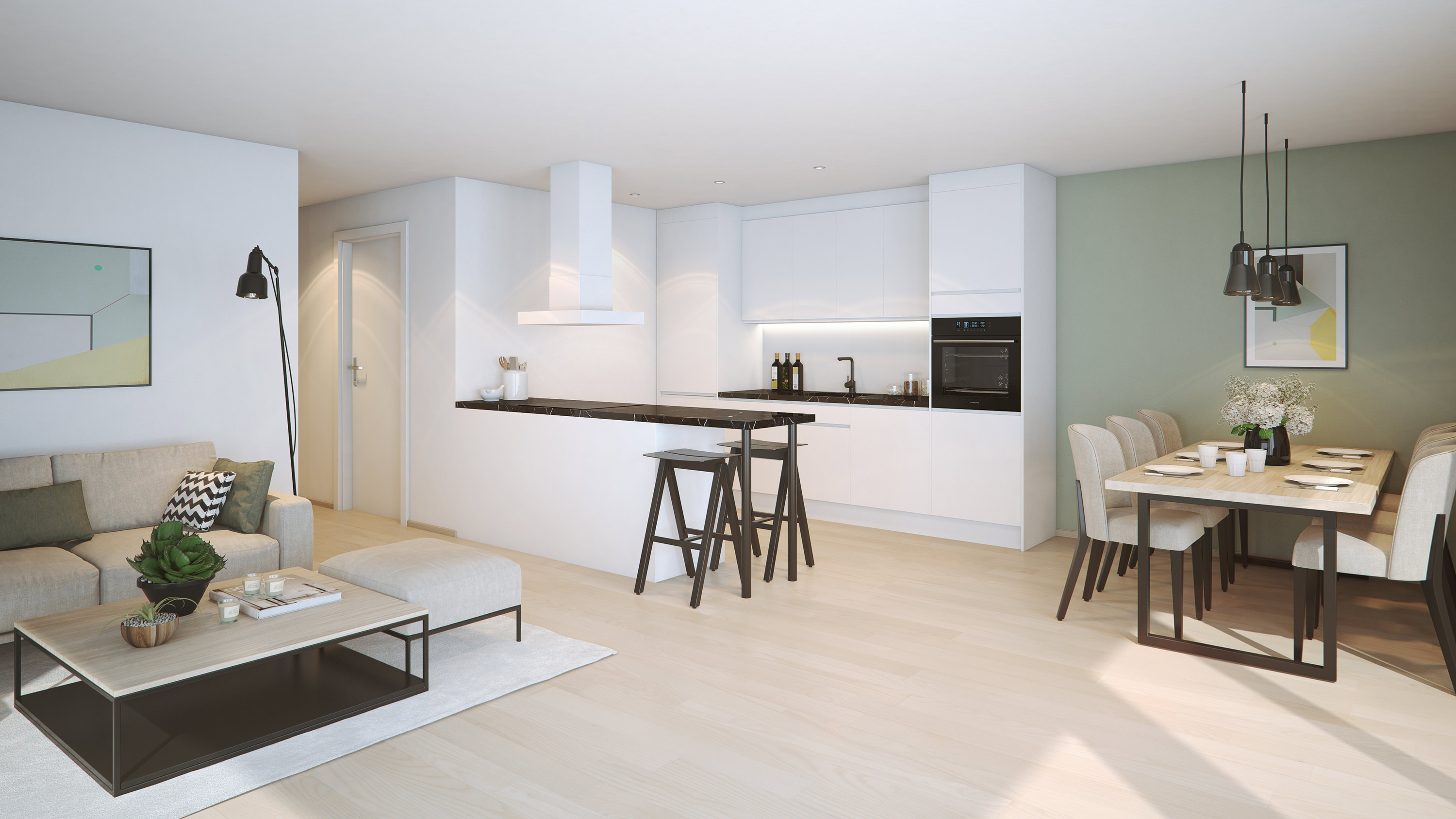 En 3D-gjengivelse av kjøkken og stue for å visualisere salgsformål.