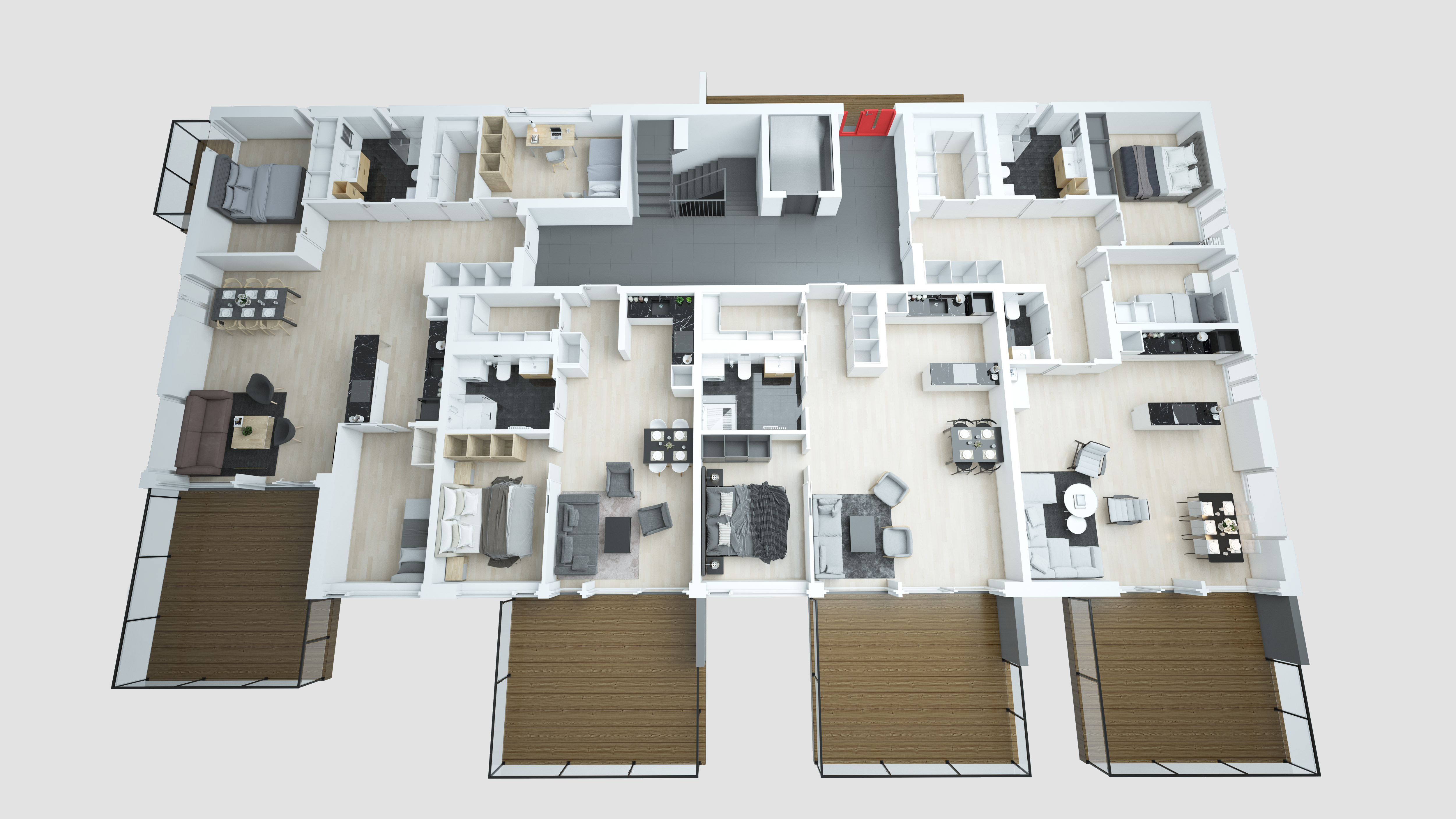 en 3d planløsning av en toroms leilighet for visualisering for salg.