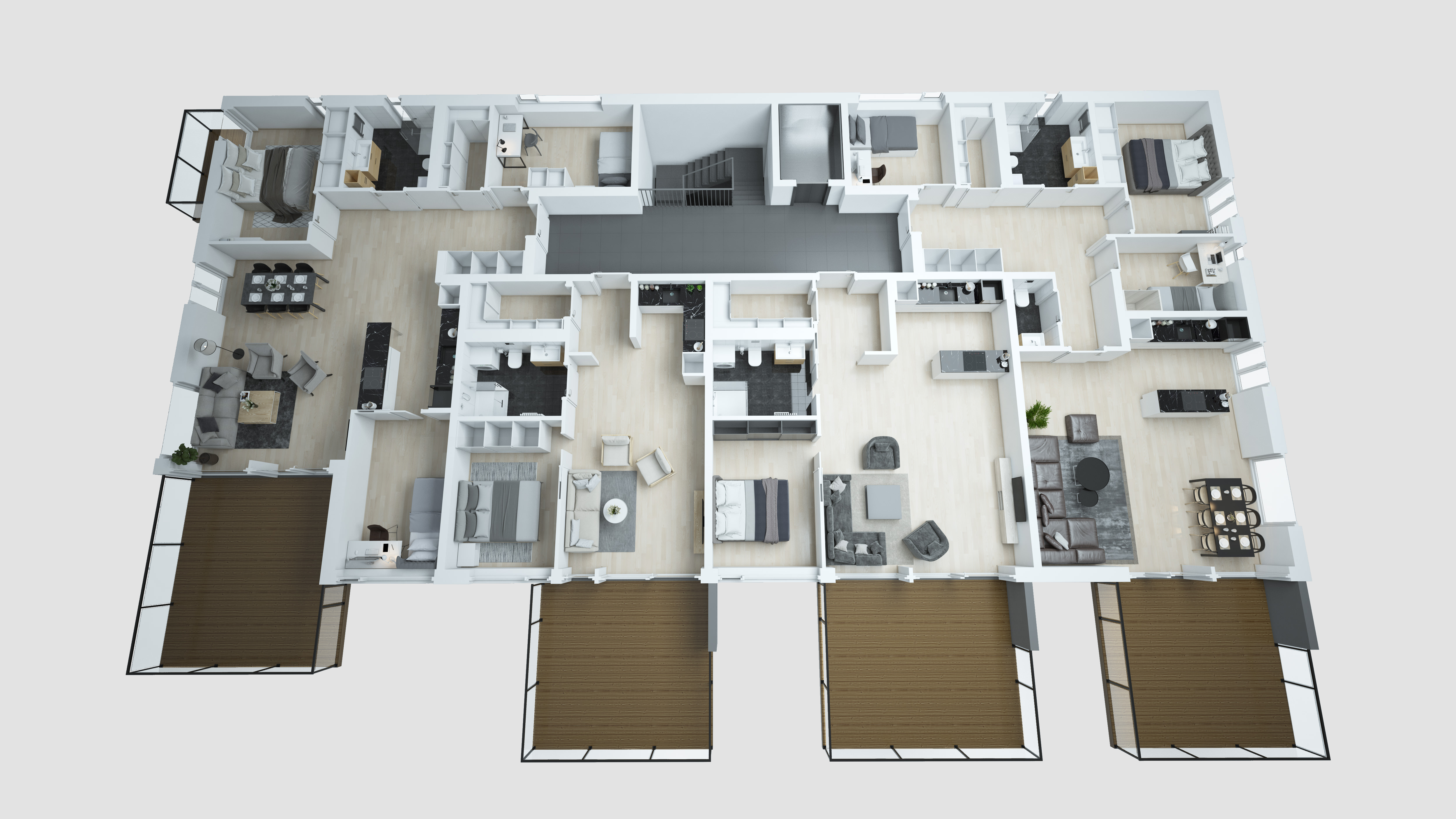 En 3D-planløsning av en to-roms leilighet laget for visualisering og salgsformål i 2017.