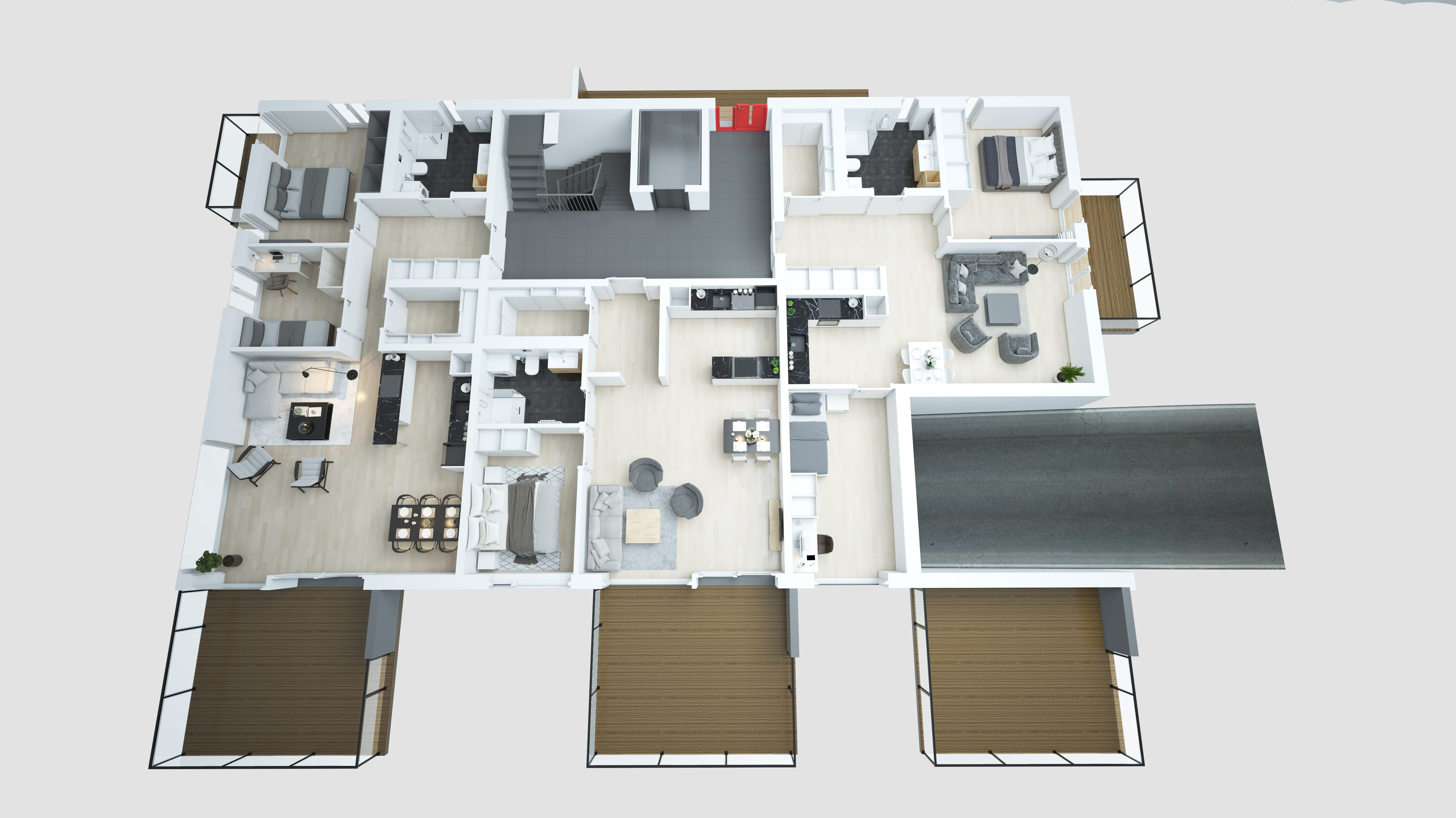 en 3D-planløsning av en leilighet med to soverom for visualiseringsformål.