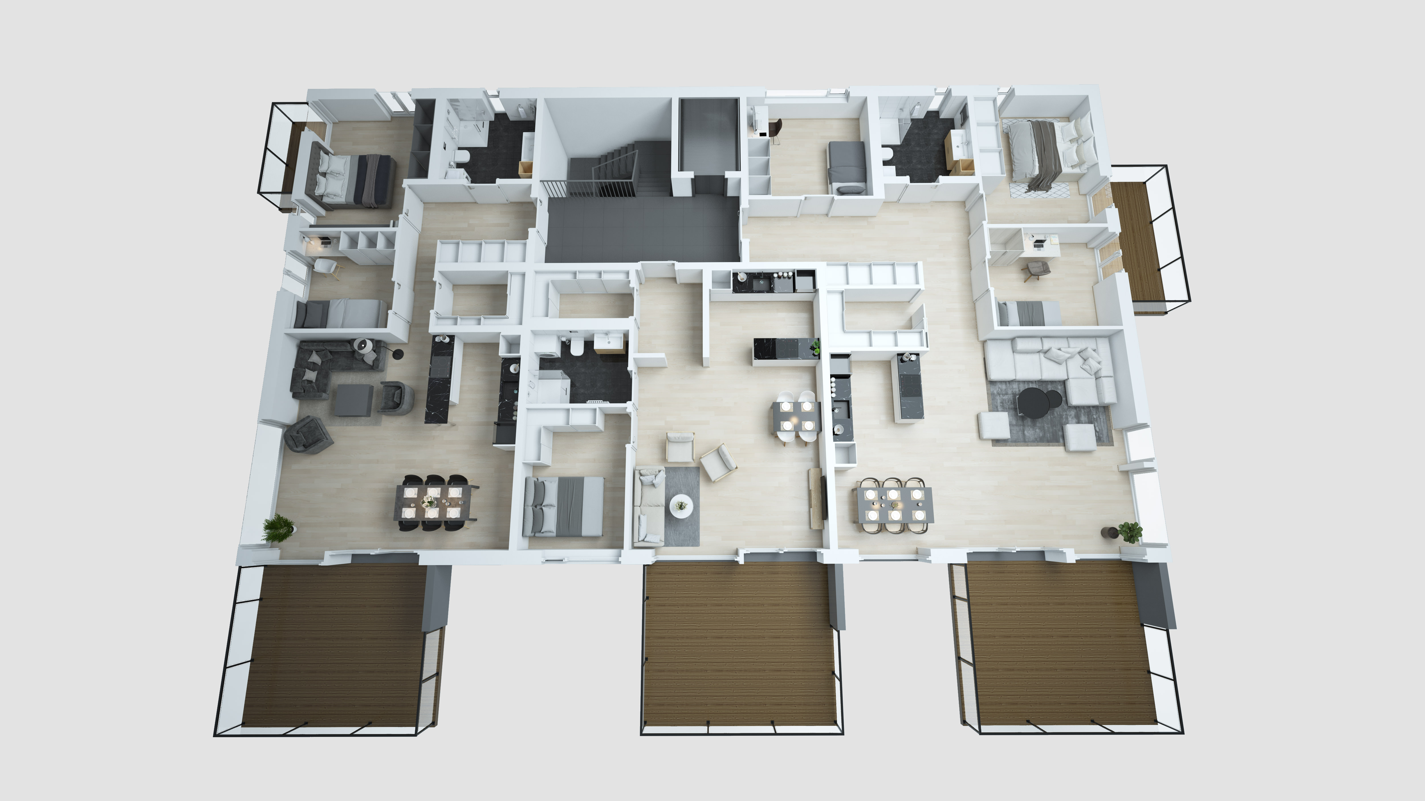 en 3D planløsning av en toroms leilighet for salgsformål, laget i 2017.
