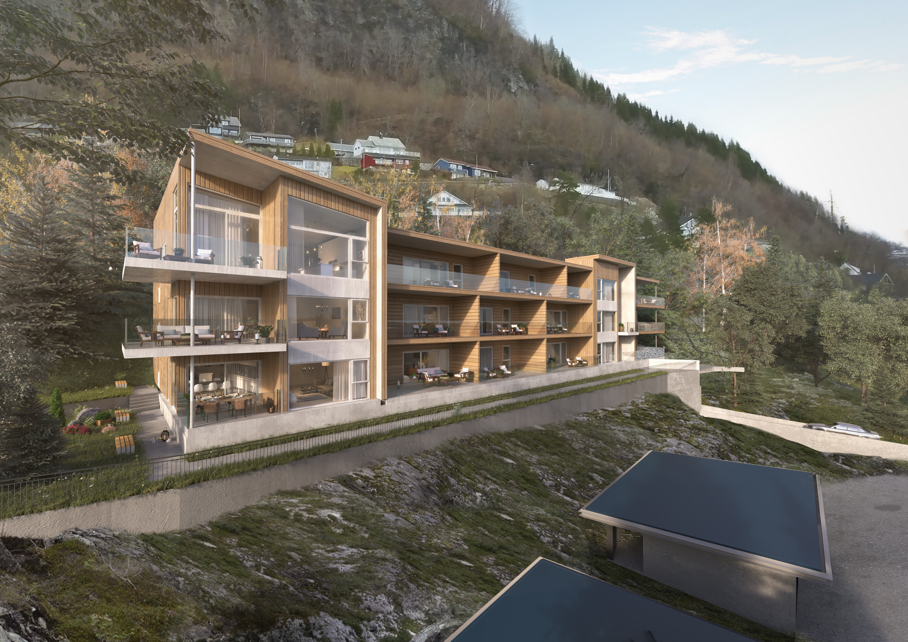Visualisering for salg av et leilighetsbygg på fjellsiden i 2017 for klienten Geoplan.