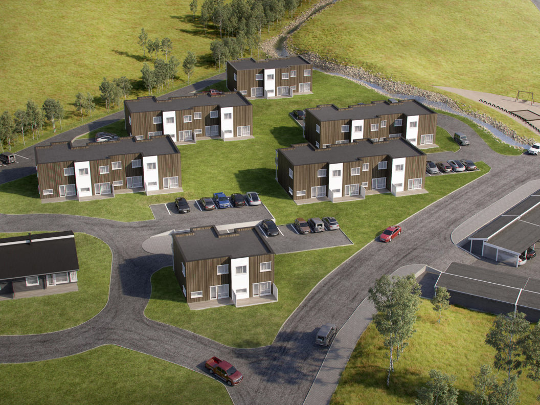 Et luftfoto av en boligutvikling visualisert for salg av EnterGruppen i 2017.